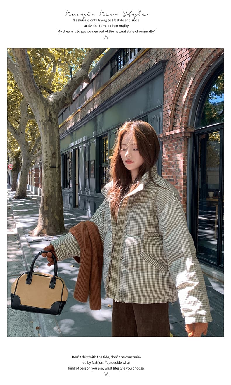 실사 2026 새로운 한 부서 체크무늬 스탠드 칼라 면 의류 고급 센스 루즈핏 다용도 겨울 보온 빵 외투 상세 이미지 14