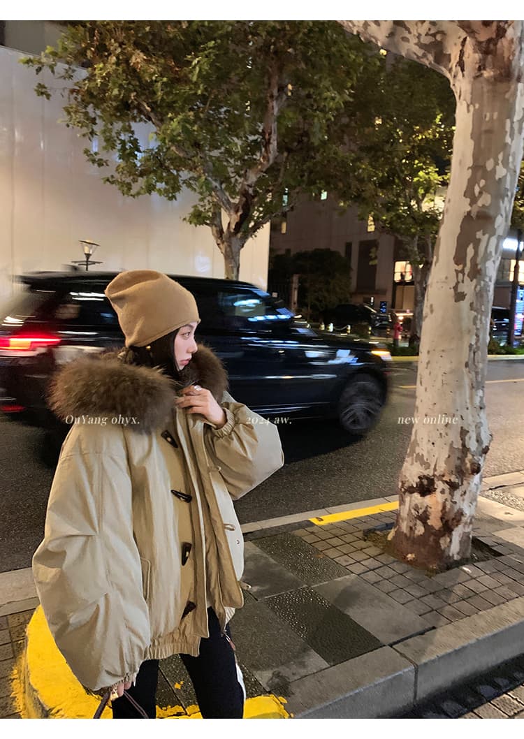 지구 Ouyang 대 전갈 모피 칼라 다운 재킷 여성 겨울 면 옷 여성 두꺼운 보온 소뿔 버클 후드 재킷 상세 이미지 25