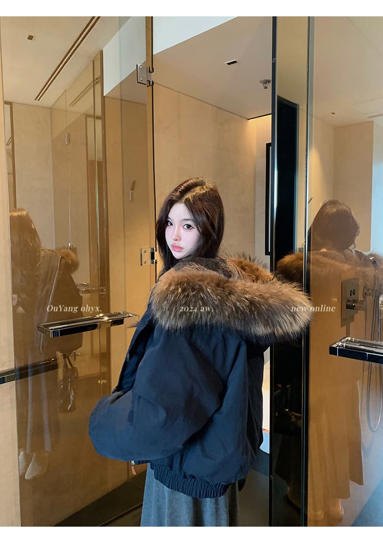 지구 Ouyang 대 전갈 모피 칼라 다운 재킷 여성 겨울 면 옷 여성 두꺼운 보온 소뿔 버클 후드 재킷 상세 이미지 26
