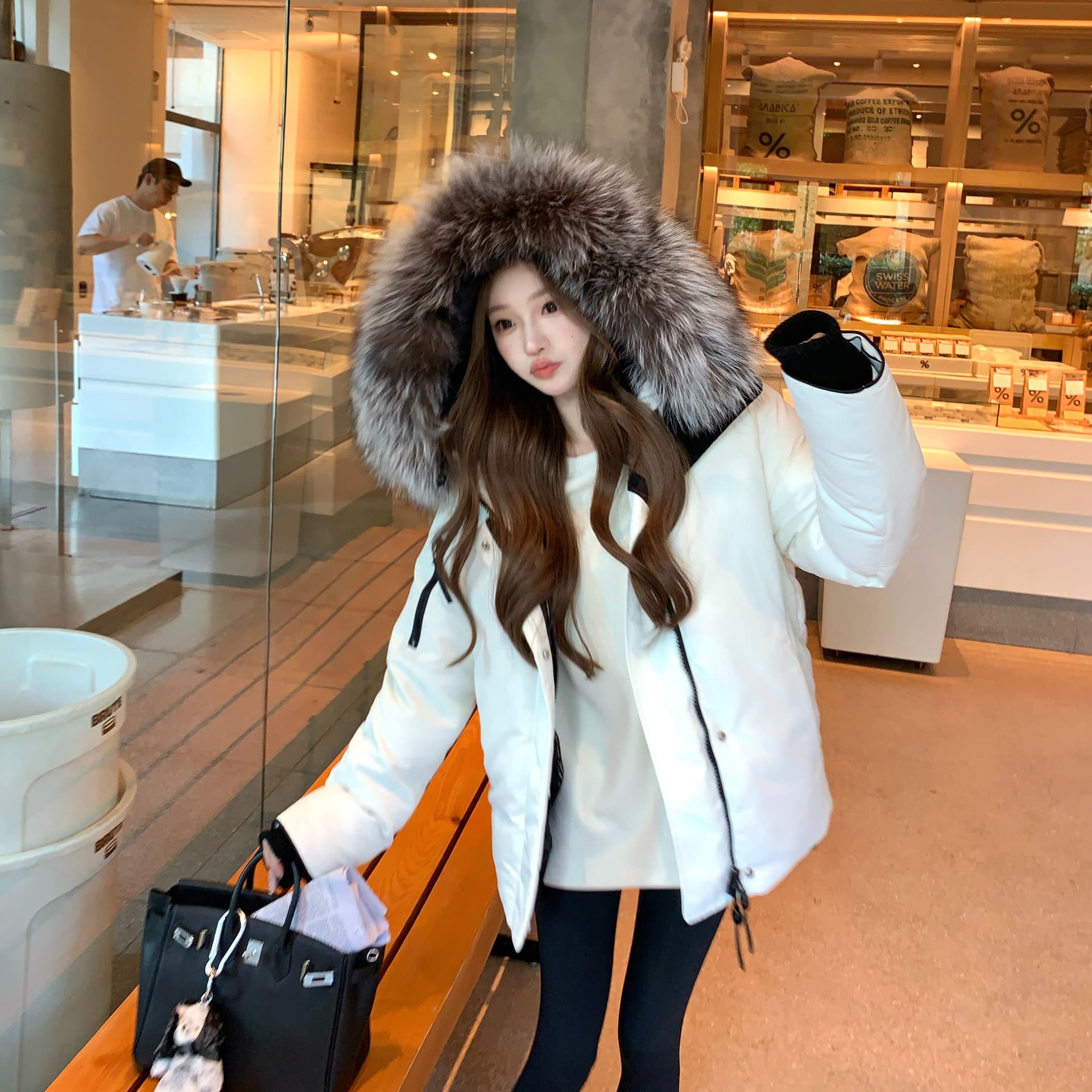 coolline 숲 희 무거운 작업 chao 큰 모피 칼라 쇼트 스타일 화이트 다운 코트 면 의류 여성 보온 재킷 겨울 이미지 2
