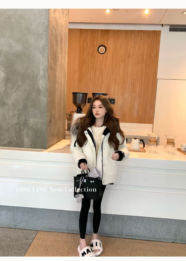 coolline 숲 희 무거운 작업 chao 큰 모피 칼라 쇼트 스타일 화이트 다운 코트 면 의류 여성 보온 재킷 겨울 상세 이미지 21