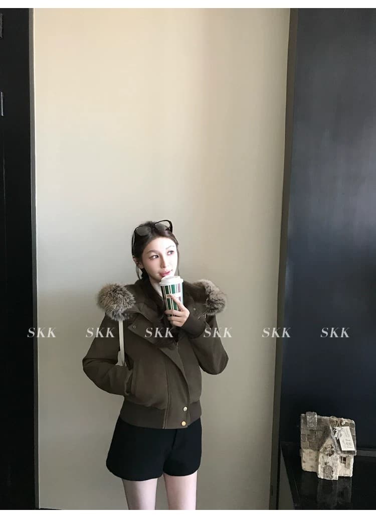 2026 새로운 슈퍼 잘 생긴 후드 큰 모피 칼라 문 襟 아래 면화 의류 스웨이드 오토바이 서비스 보온 여성 코트 상세 이미지 42