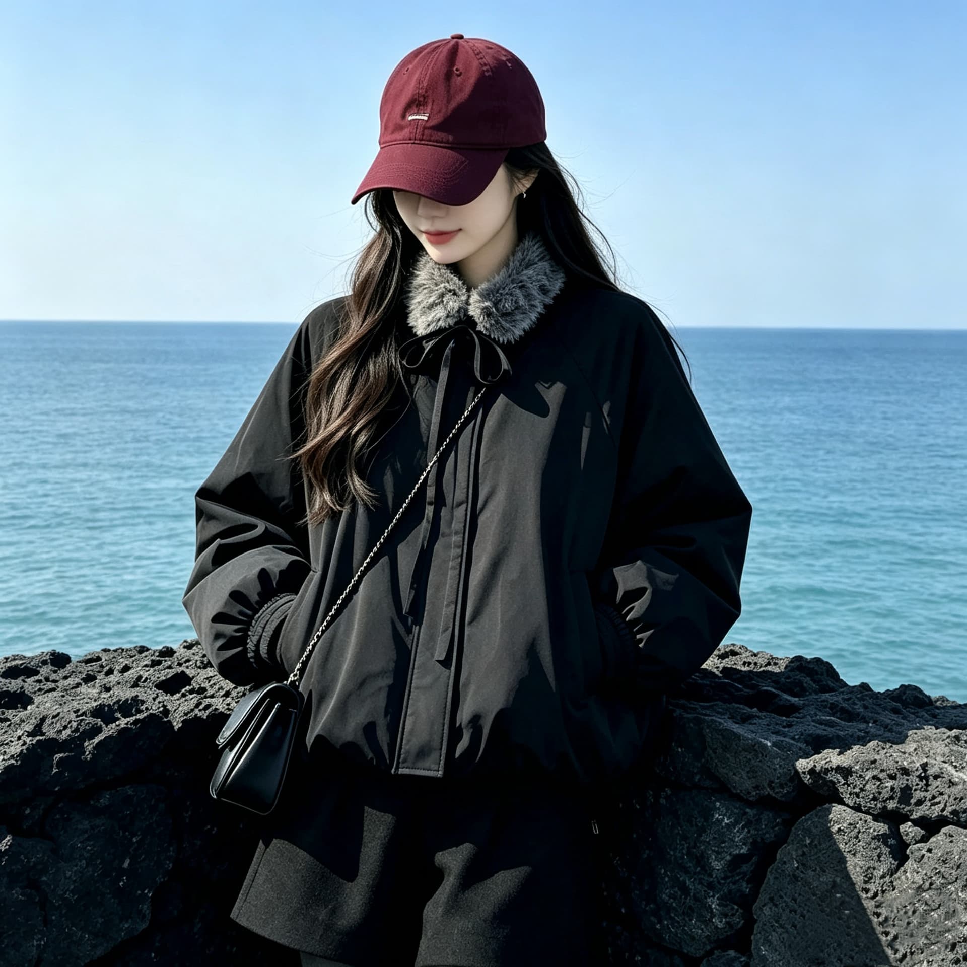 new empire25 겨울 새로운 디자인 센스 작은 대중 맨위 모피 칼라 두꺼운 검정색 꽃밭 면 의류 여성 코트 이미지 5