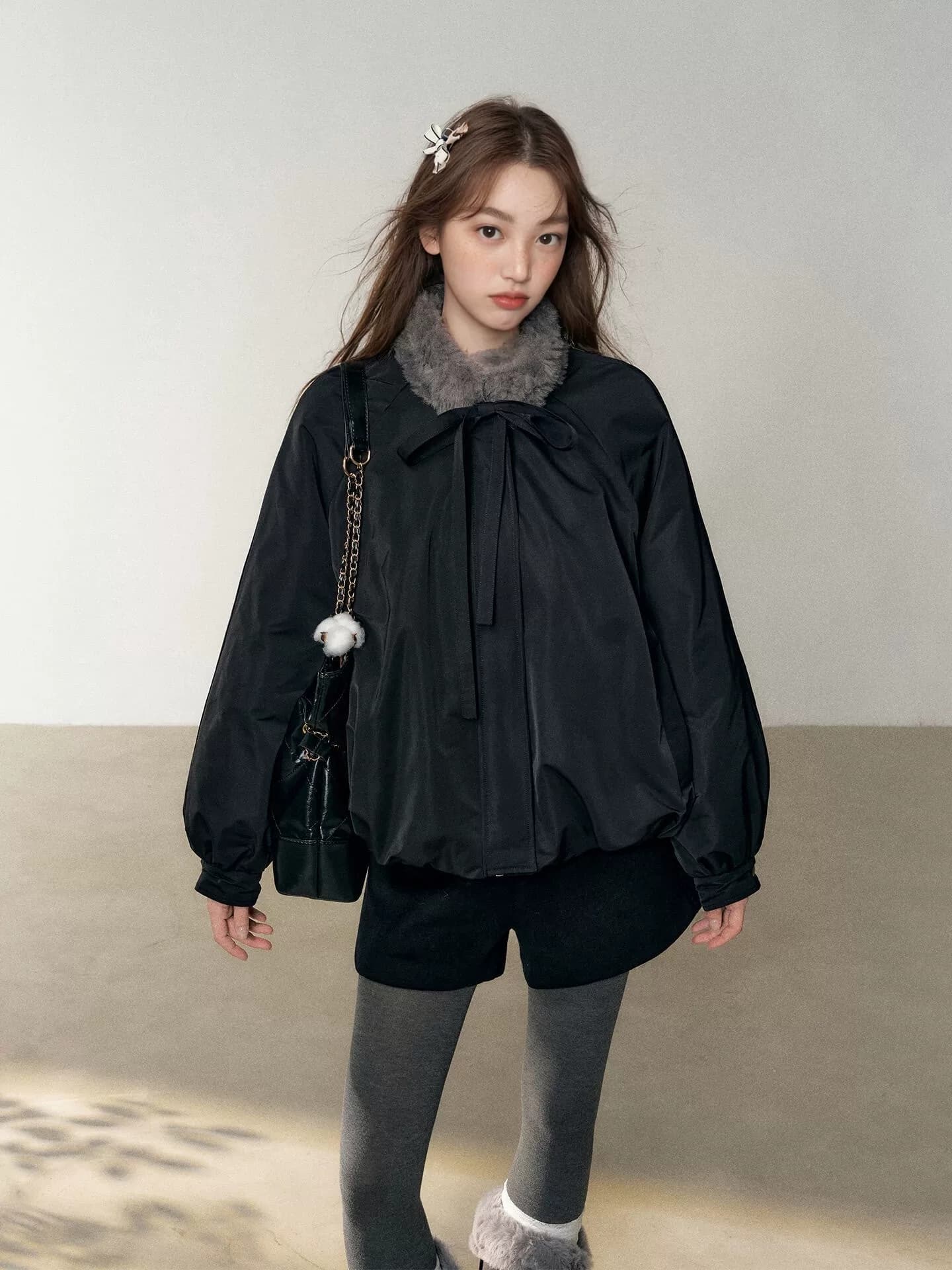 2026 겨울 새로운 한 부서 학원 스타일 디자인 센스 작은 대중 맨위 모피 칼라 검정색 꽃밭 면 의류 여성 코트 상세 이미지 1