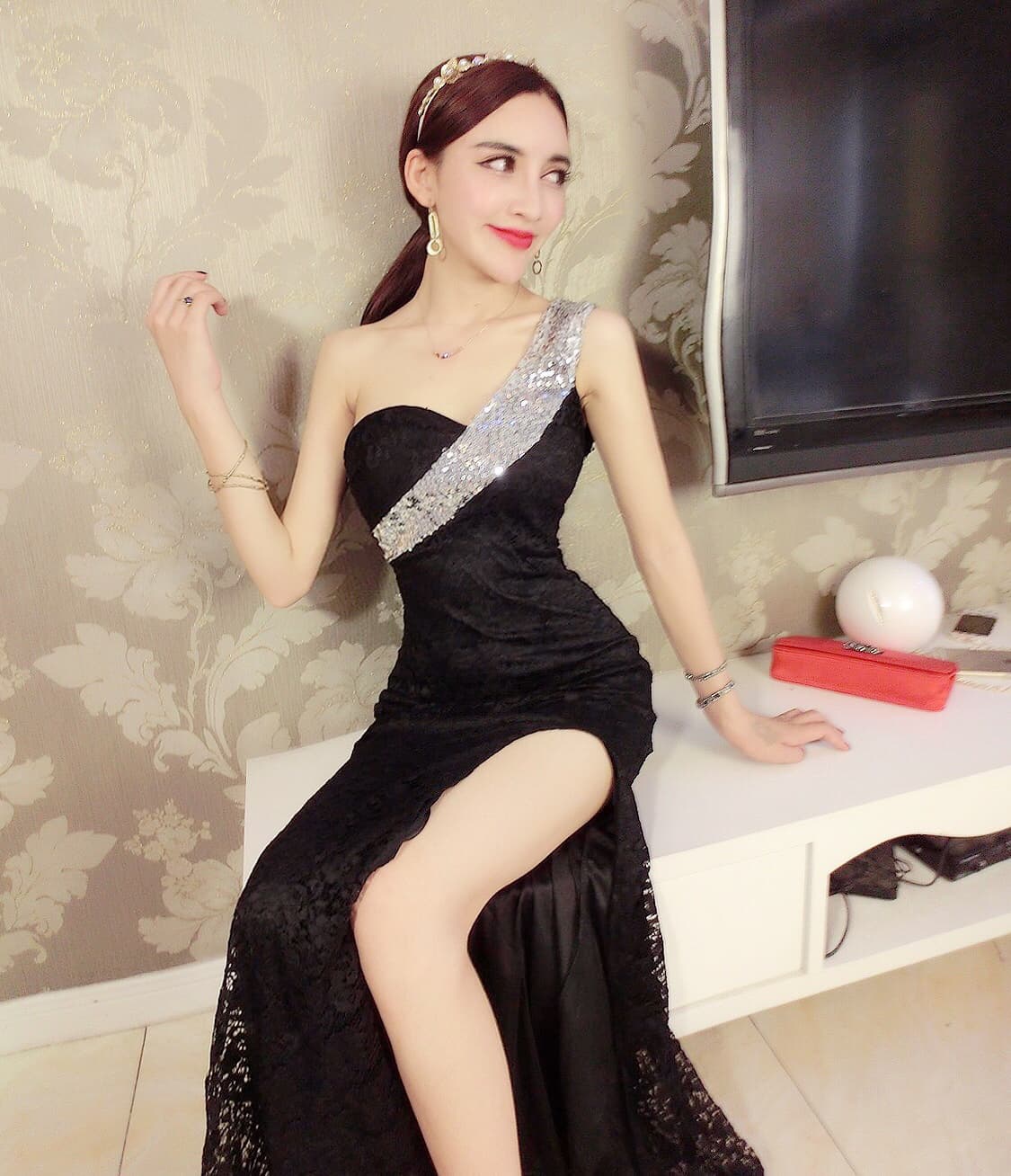 모델 실사 섹시함 비스듬한 어깨 스팽글 레이스 몸매 가꾸기 인어 꼬리 타이트 스커트 높음 트임 나이트 클럽 길다 이브닝 드레스 상세 이미지 2
