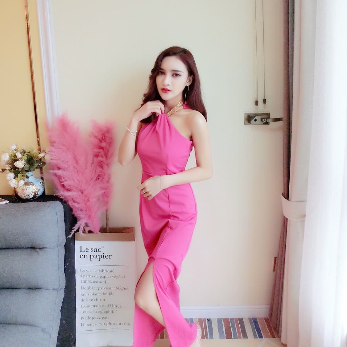 모델 실사 이브닝 드레스 롱 코트 행침 목 백리스 예복 연례 회의 몸매 가꾸기 트임 이브닝 드레스 작은 드레스 치마 상세 이미지 4
