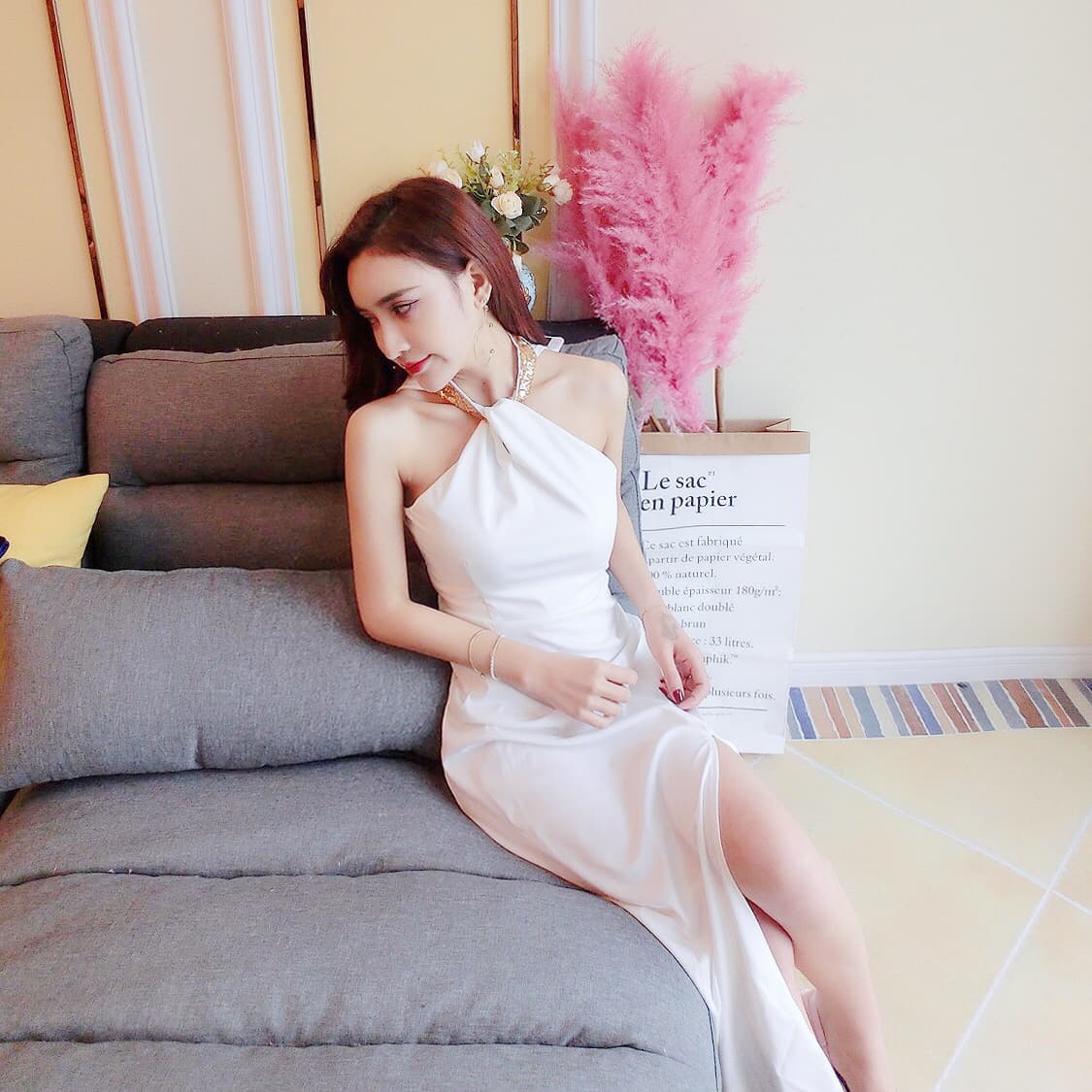 모델 실사 이브닝 드레스 롱 코트 행침 목 백리스 예복 연례 회의 몸매 가꾸기 트임 이브닝 드레스 작은 드레스 치마 상세 이미지 10