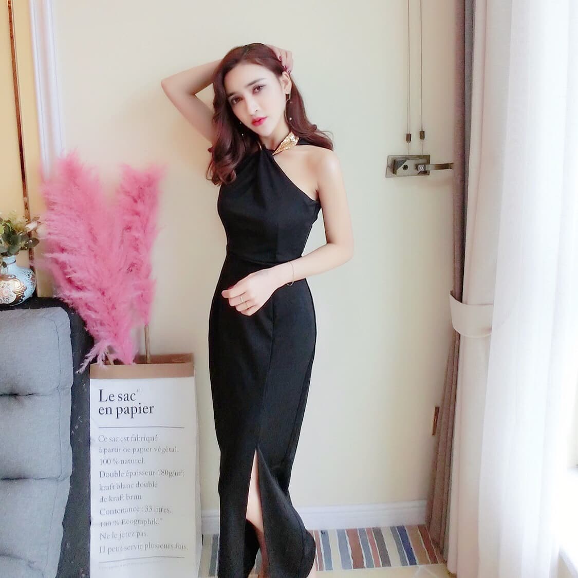 모델 실사 이브닝 드레스 롱 코트 행침 목 백리스 예복 연례 회의 몸매 가꾸기 트임 이브닝 드레스 작은 드레스 치마 상세 이미지 23
