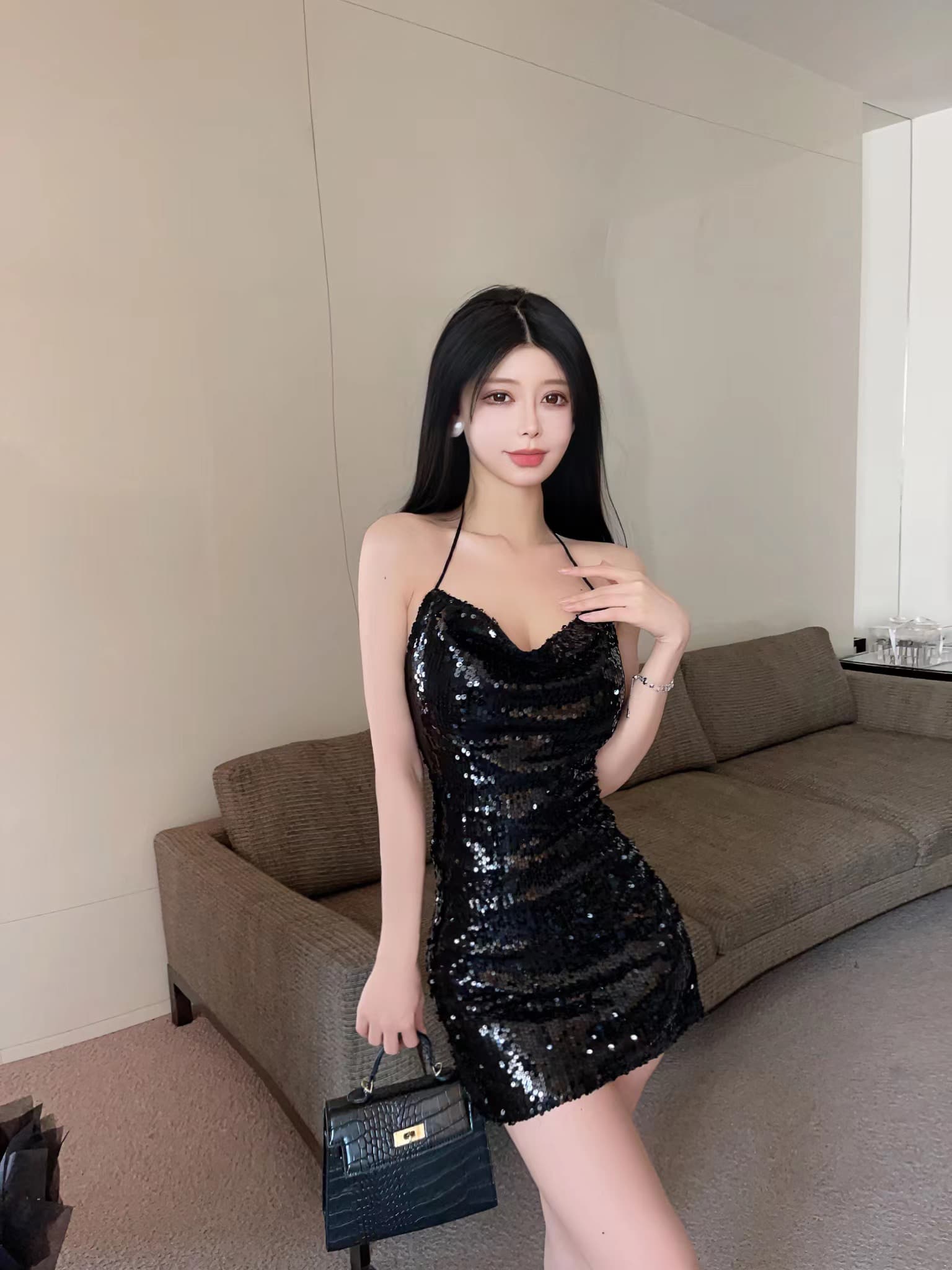 실사 섹시함 스팽글 반짝임 작은 슬링 백리스 드레스 미니 스커트 행침 목 스타일 기본 스커트 치마 상세 이미지 7