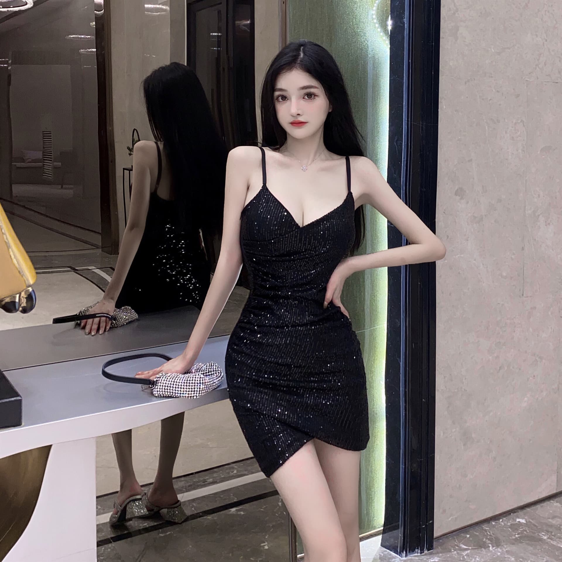 실사 새로운 튀김 거리 반짝임 구슬 조각 섹시함 허리 수축 디스플레이 몸 슬립 드레스 이미지 2