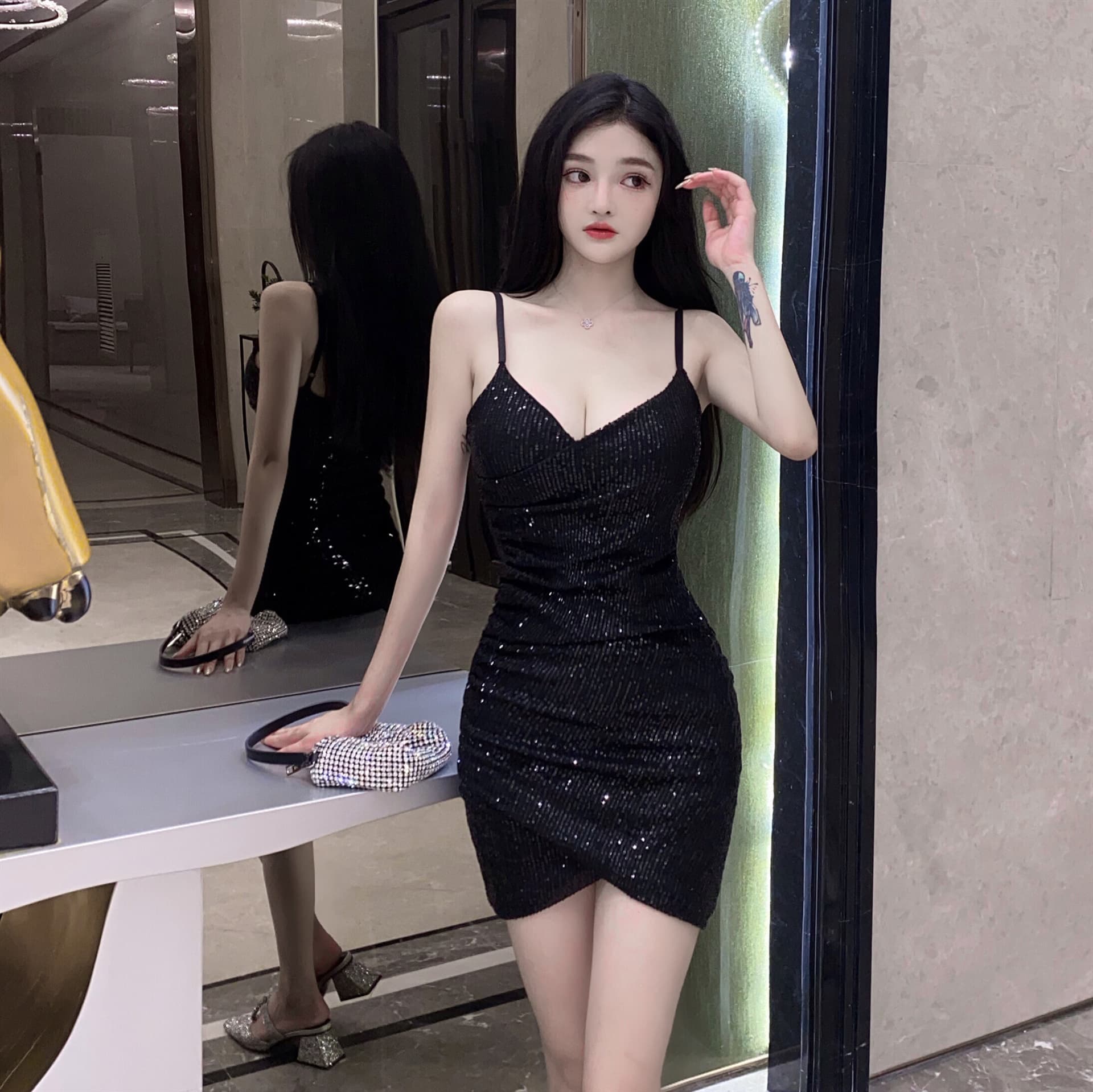 실사 새로운 튀김 거리 반짝임 구슬 조각 섹시함 허리 수축 디스플레이 몸 슬립 드레스 상세 이미지 7