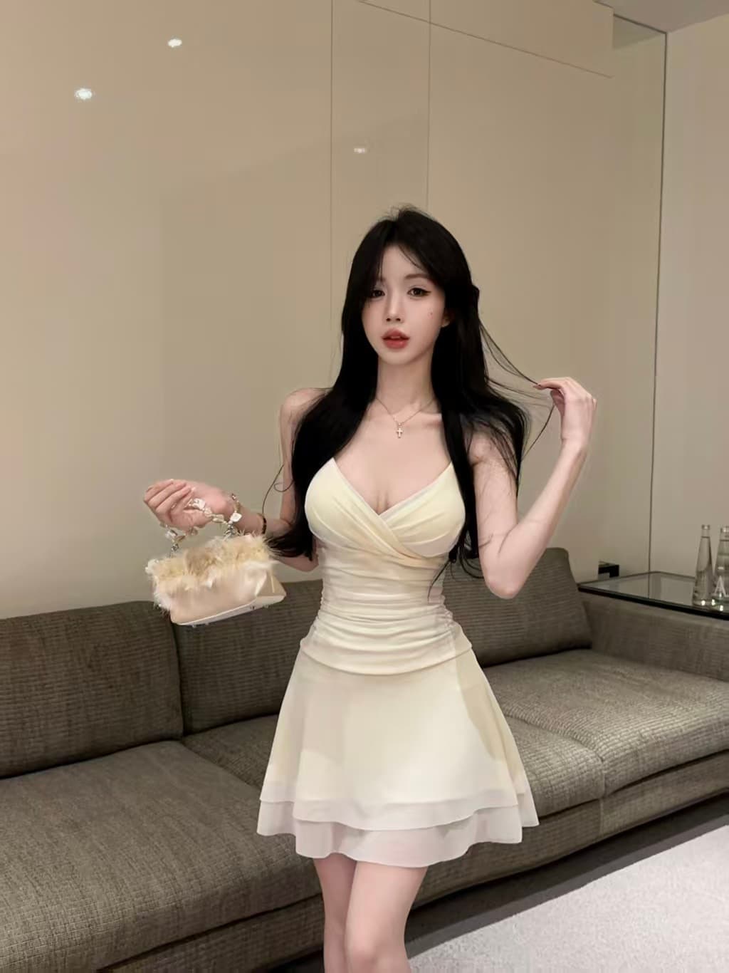실사 섹시함 쇼트 스타일 망사 허리 수축 슬립 큰 진자 드레스 상세 이미지 8