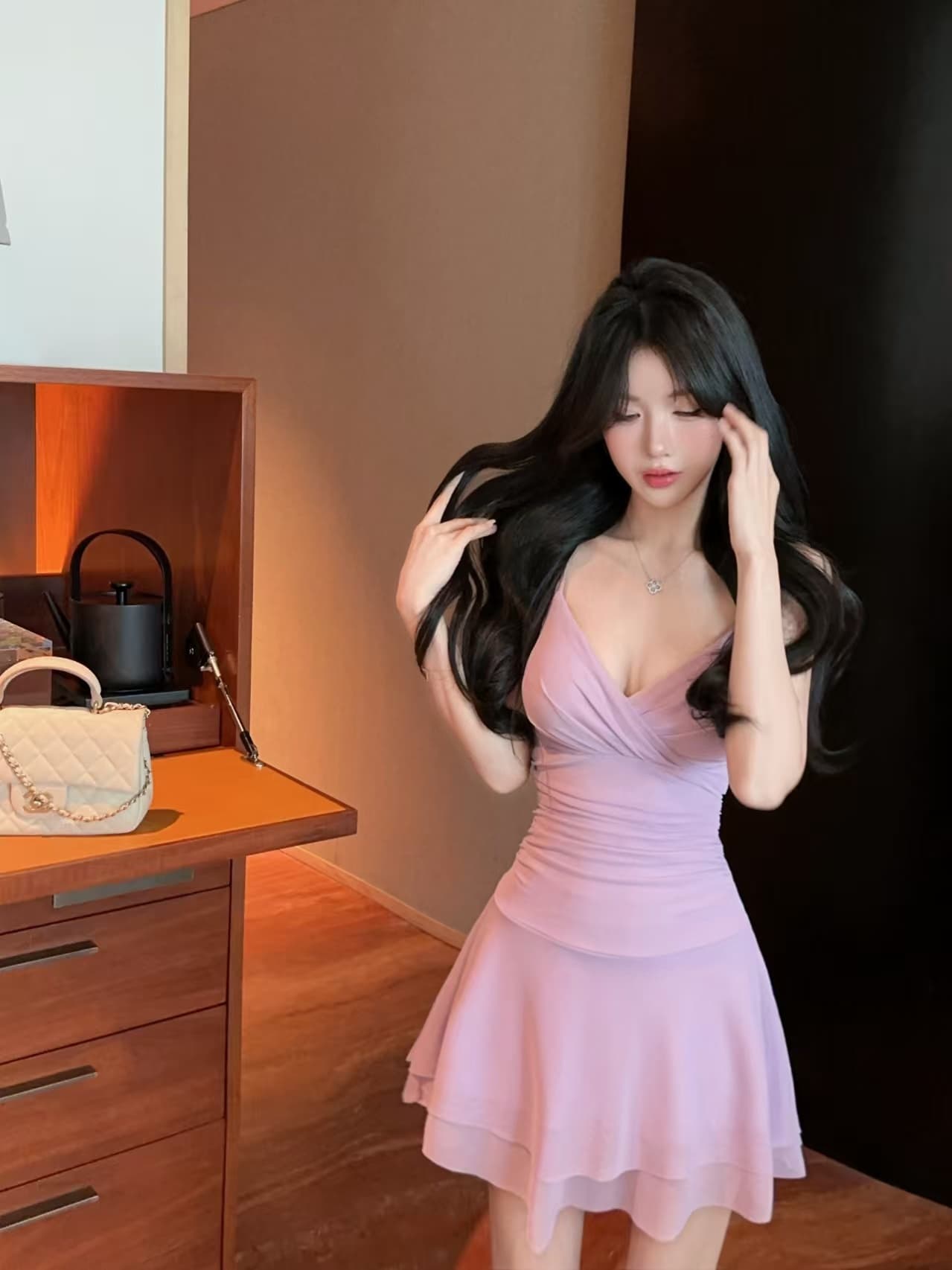실사 섹시함 쇼트 스타일 망사 허리 수축 슬립 큰 진자 드레스 상세 이미지 14
