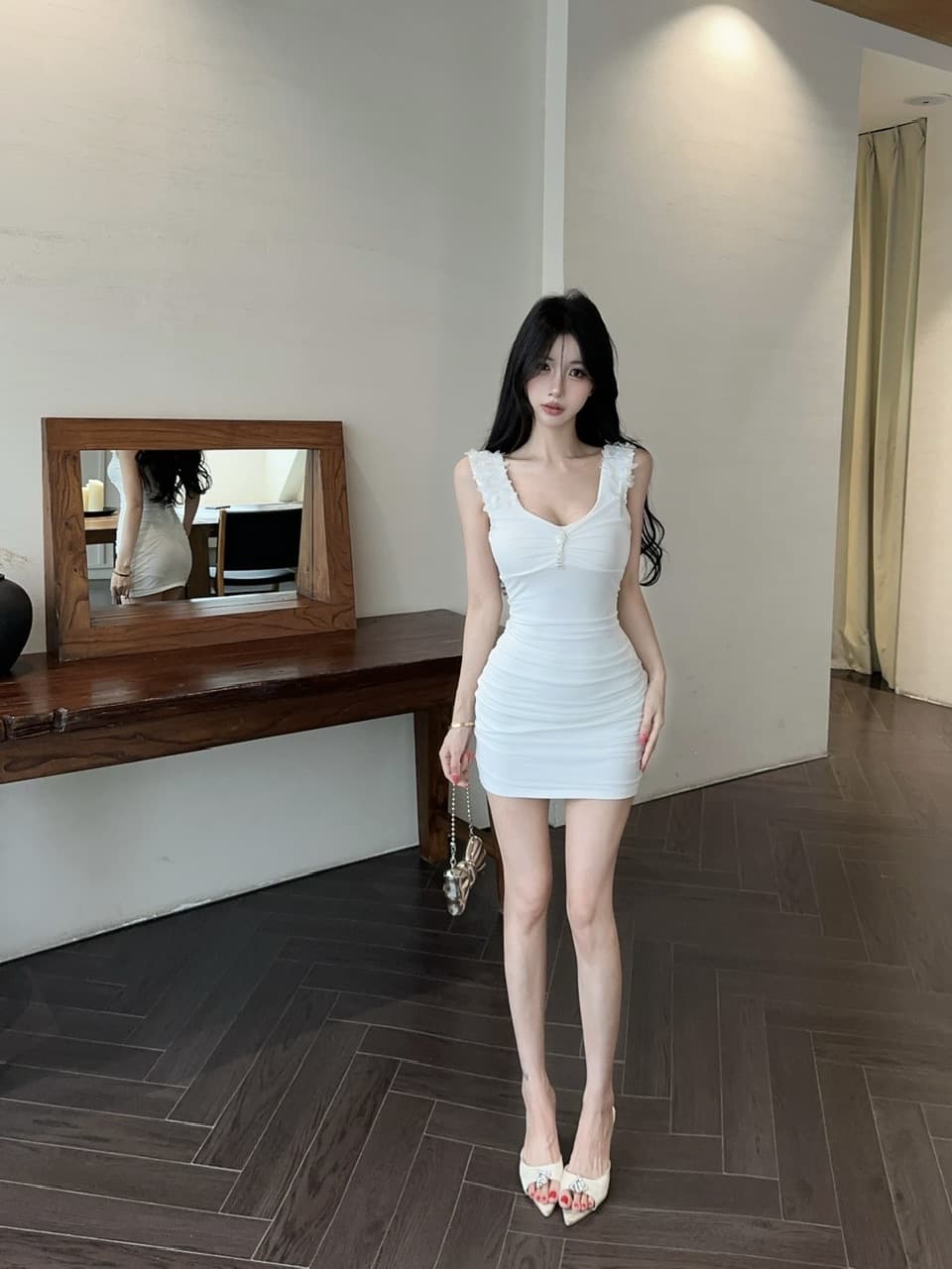 실사 섹시함 u 칼라 망사 조끼 원피스 상세 이미지 6