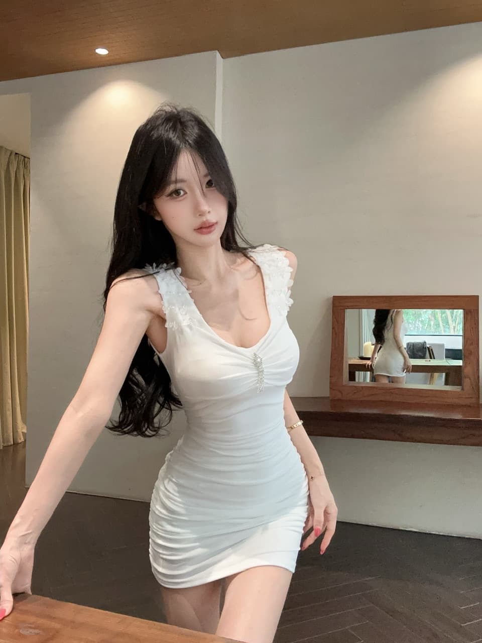 실사 섹시함 u 칼라 망사 조끼 원피스 상세 이미지 7