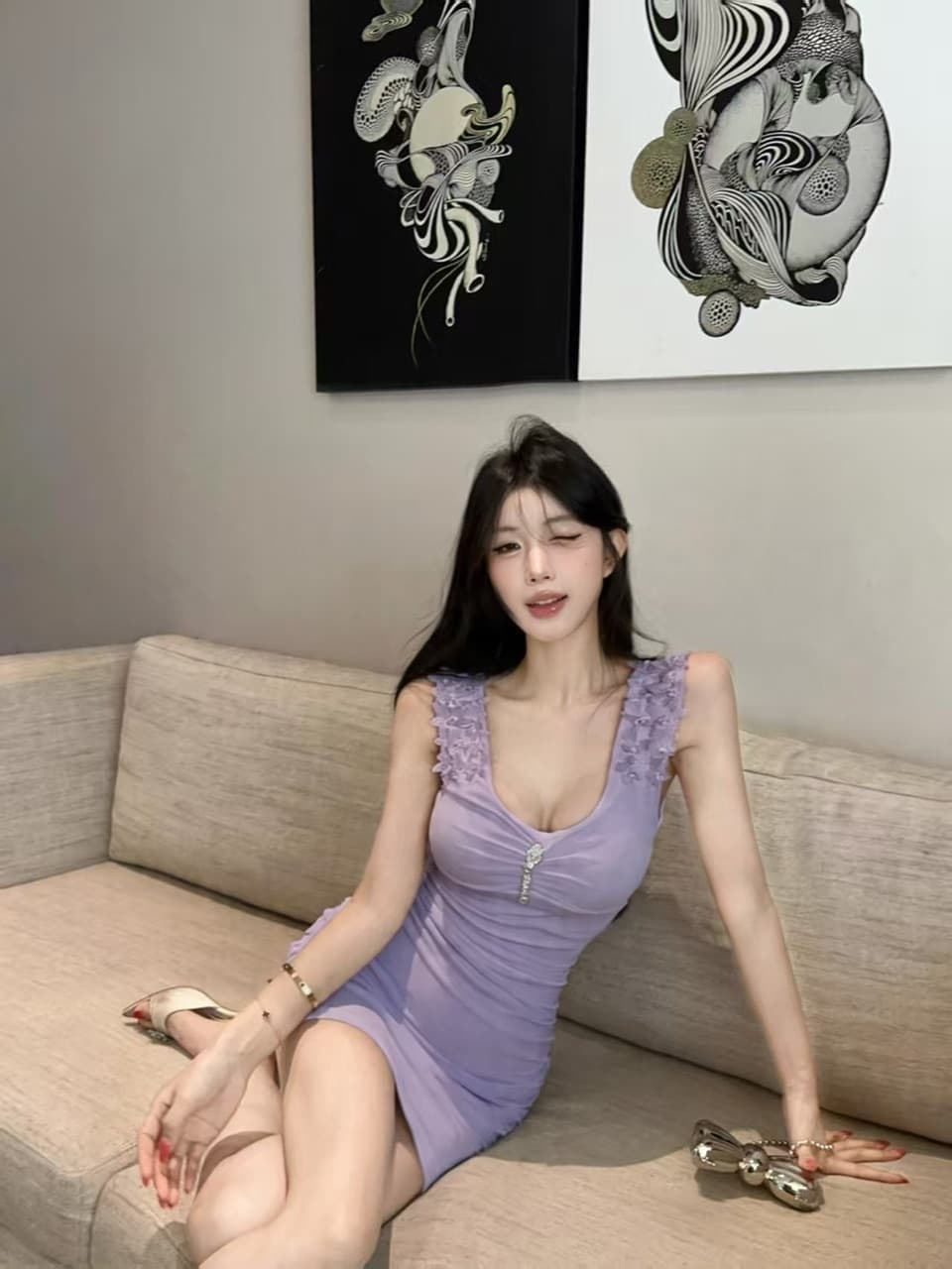 실사 섹시함 u 칼라 망사 조끼 원피스 상세 이미지 16