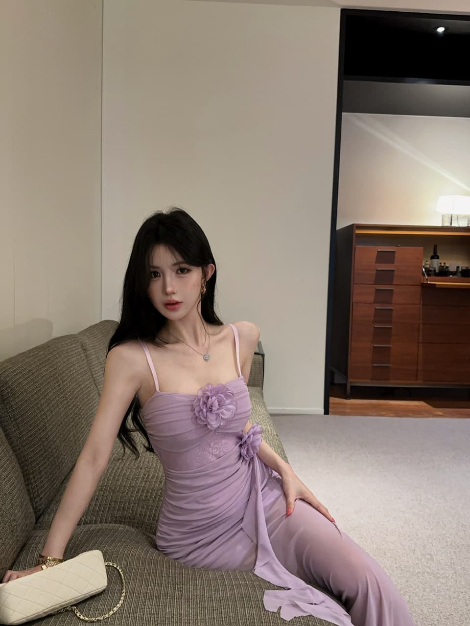 실사 섹시함 중간 길이 꽃 패치워크 망사 슬립 드레스 상세 이미지 3