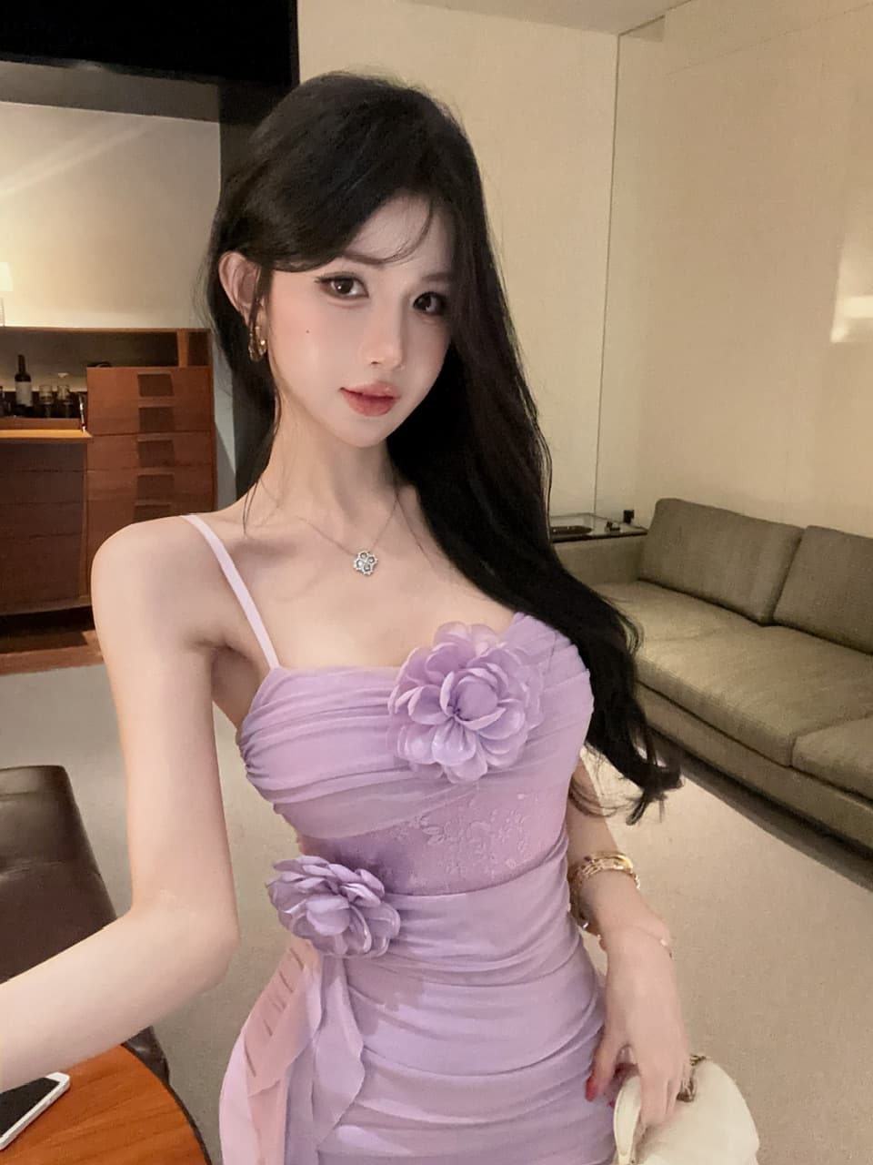 실사 섹시함 중간 길이 꽃 패치워크 망사 슬립 드레스 상세 이미지 8