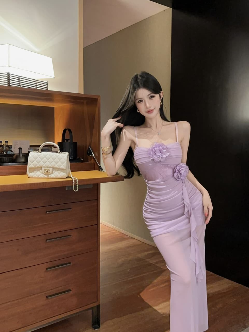 실사 섹시함 중간 길이 꽃 패치워크 망사 슬립 드레스 상세 이미지 9