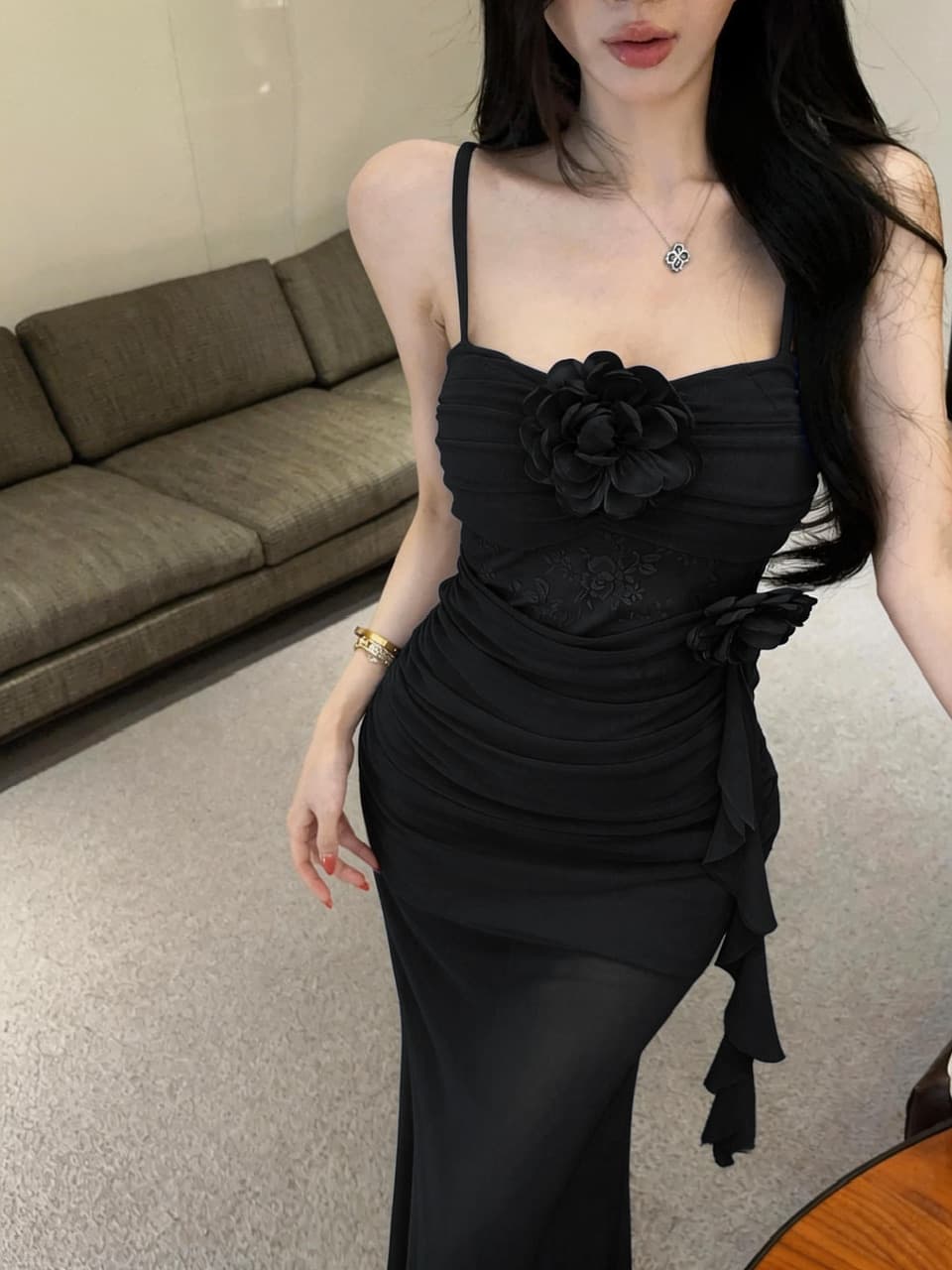실사 섹시함 중간 길이 꽃 패치워크 망사 슬립 드레스 상세 이미지 14