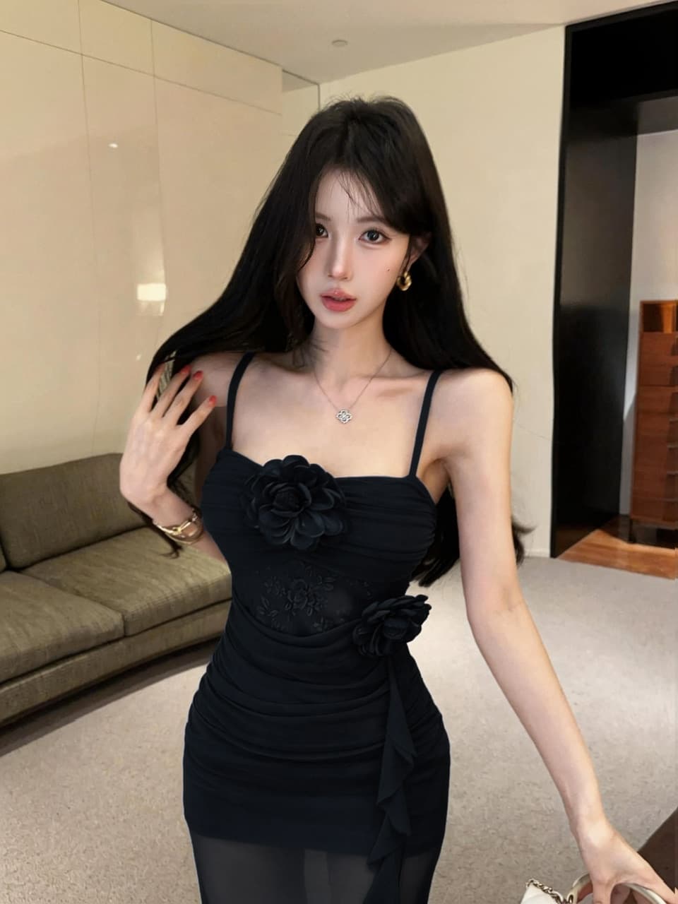 실사 섹시함 중간 길이 꽃 패치워크 망사 슬립 드레스 상세 이미지 18