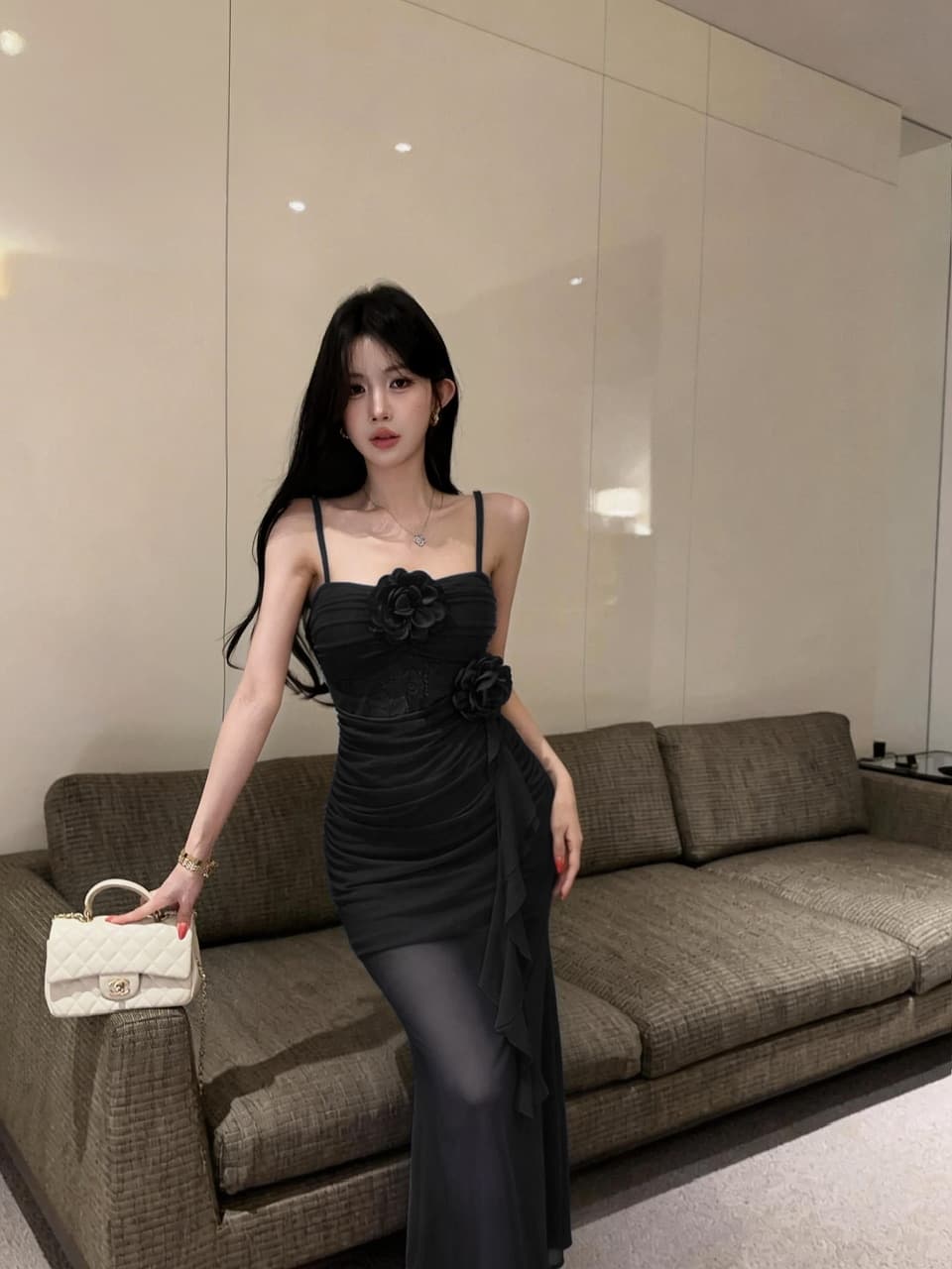 실사 섹시함 중간 길이 꽃 패치워크 망사 슬립 드레스 상세 이미지 19