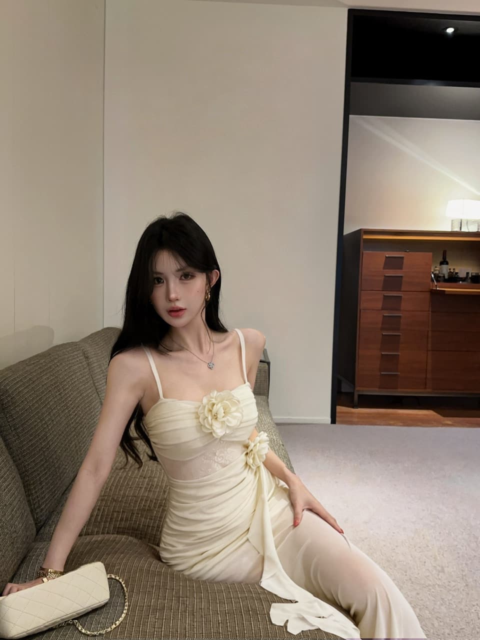 실사 섹시함 중간 길이 꽃 패치워크 망사 슬립 드레스 상세 이미지 22