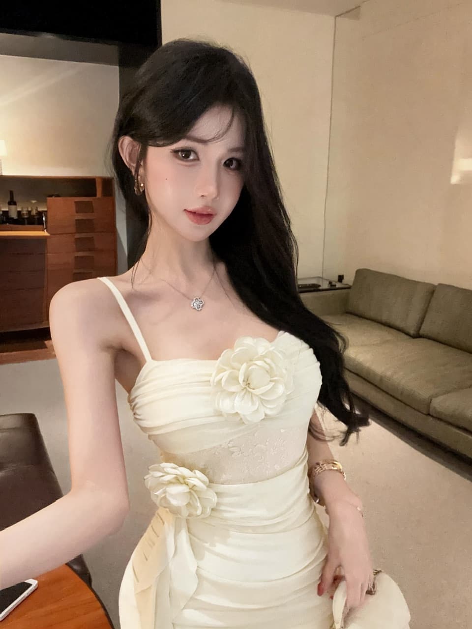 실사 섹시함 중간 길이 꽃 패치워크 망사 슬립 드레스 상세 이미지 24