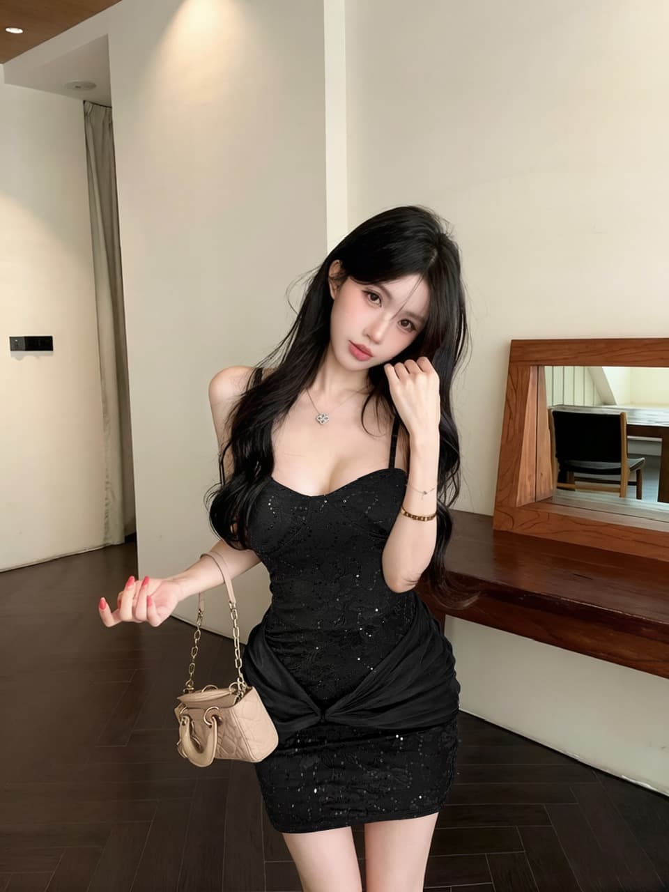 실사 섹시함 낮은 가슴 레이스 배색 만나는 슬립 드레스 상세 이미지 35