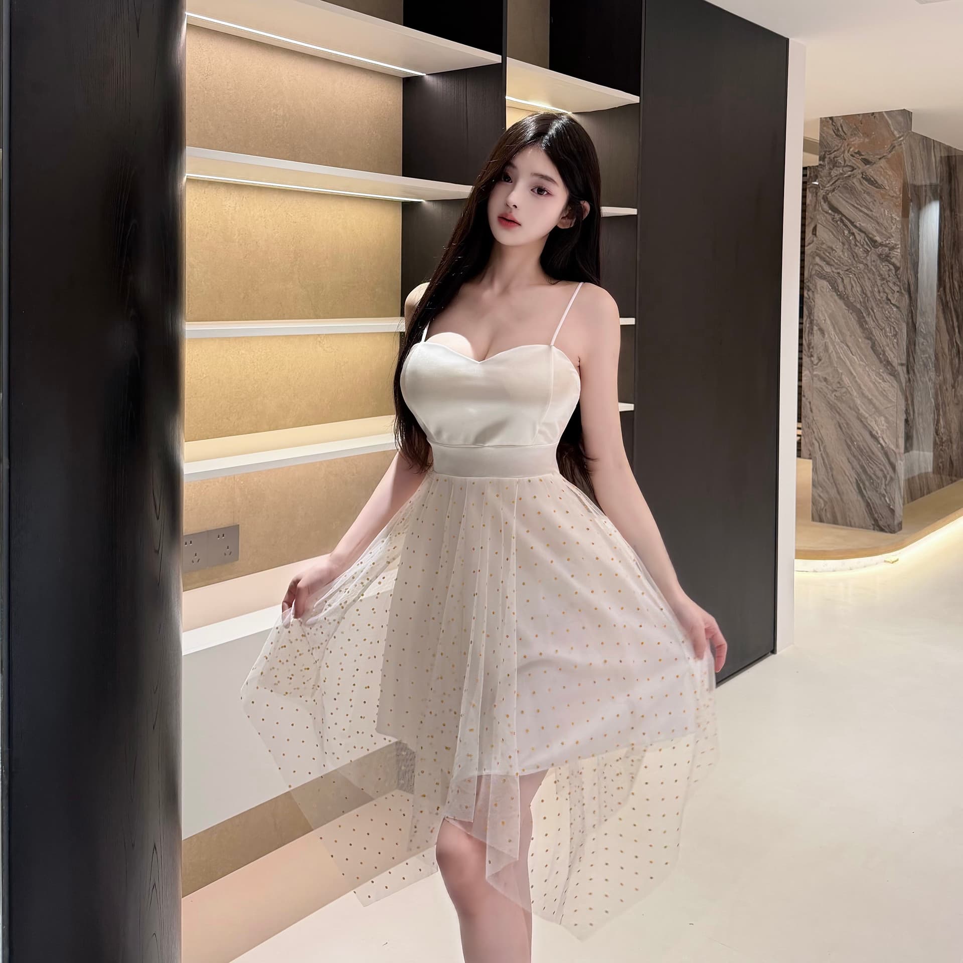 실사 섹시함 낮은 가슴 망사 패치워크 슬립 드레스 상세 이미지 6