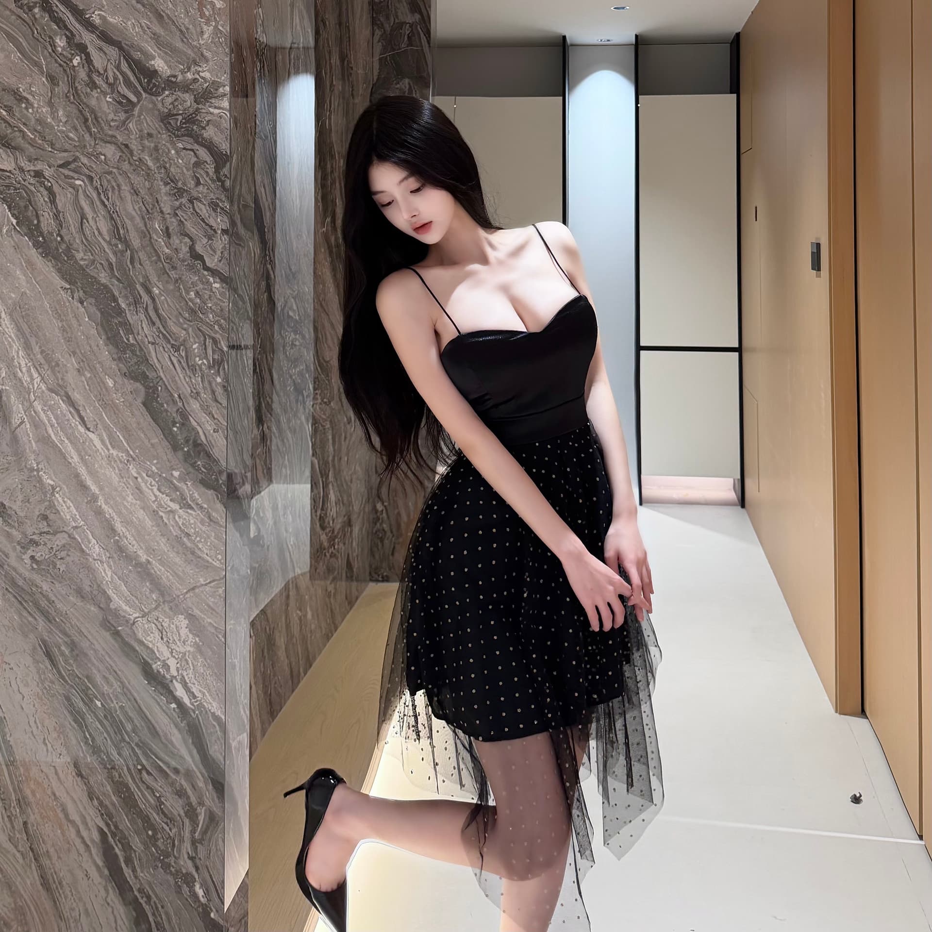 실사 섹시함 낮은 가슴 망사 패치워크 슬립 드레스 상세 이미지 12