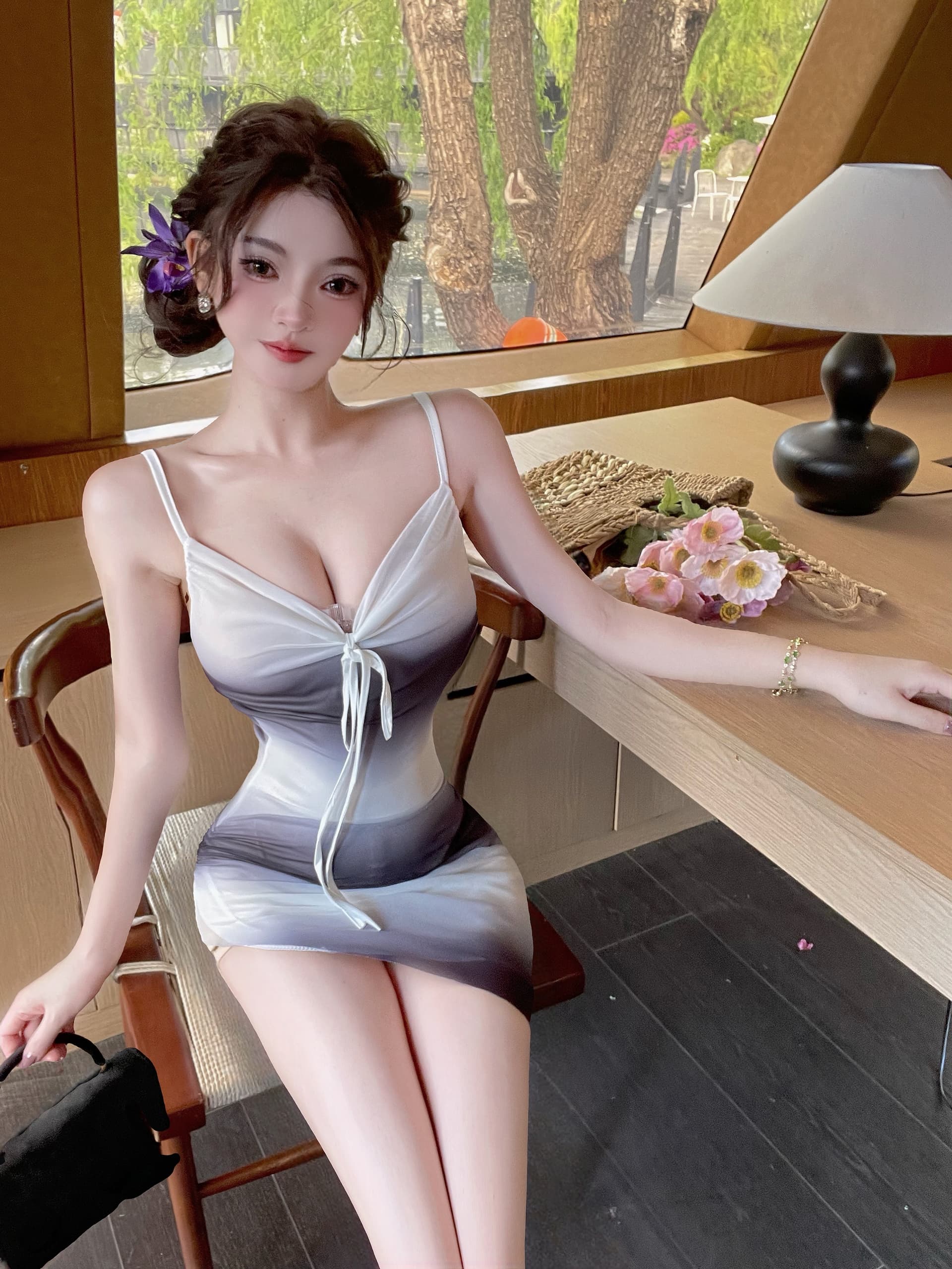 실사 섹시함 배색 망사 슬립 쇼트 스타일 드레스 복장 상세 이미지 4