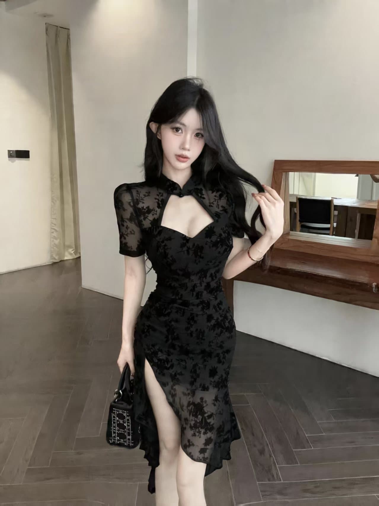 실사 섹시함 식물 플러시 개선 치파오 드레스 이미지 2
