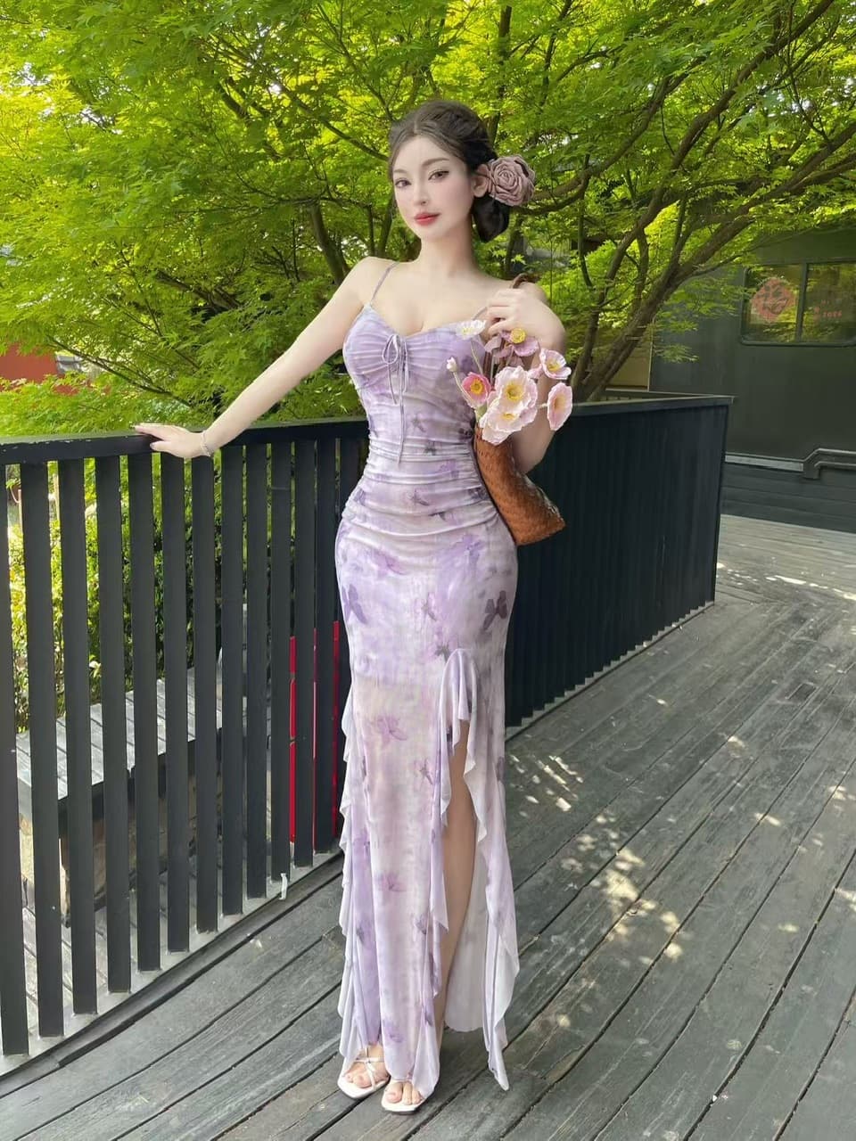 실사 섹시함 낮은 가슴 망사 프린트 슬립 드레스 상세 이미지 6