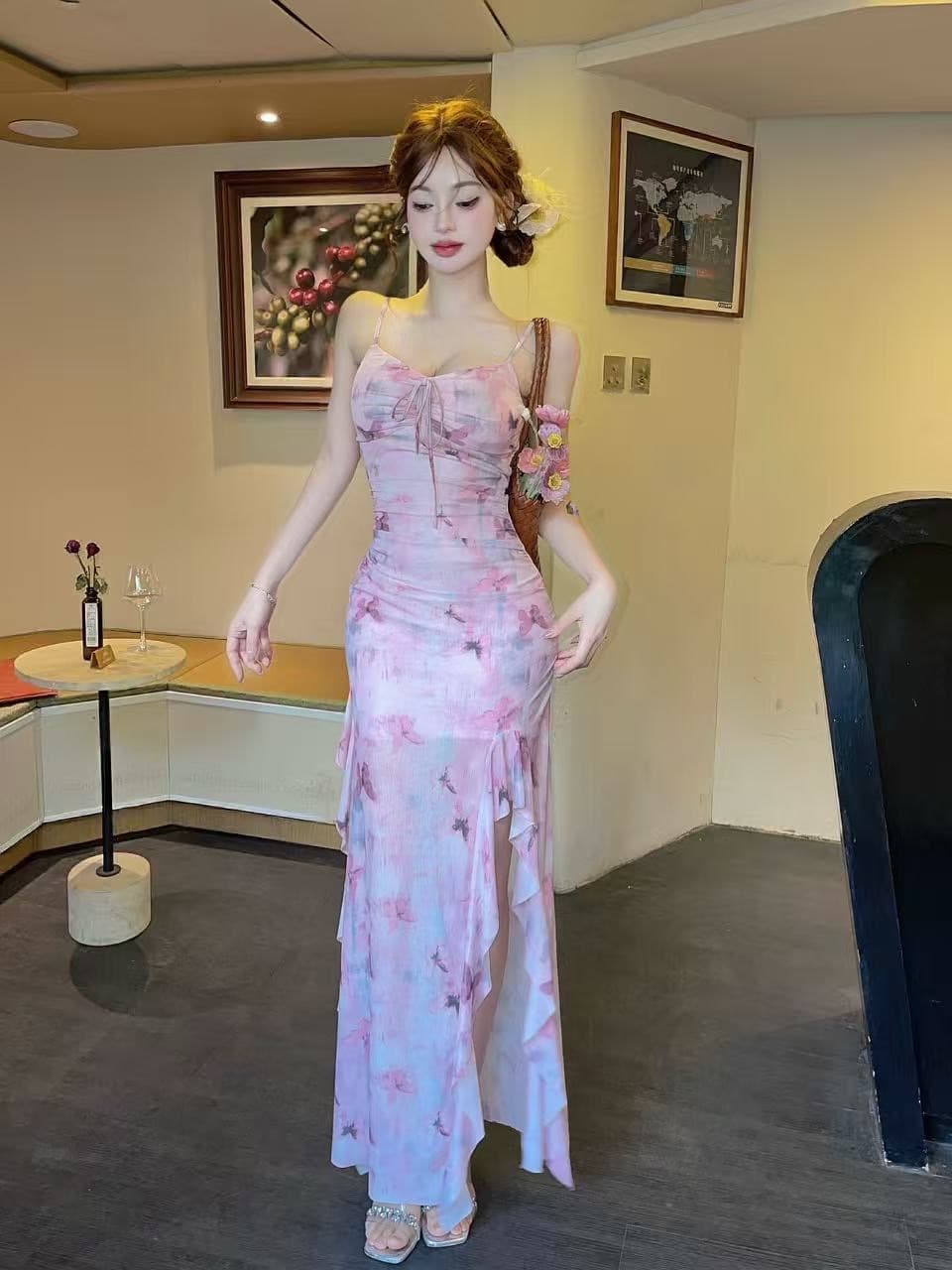 실사 섹시함 낮은 가슴 망사 프린트 슬립 드레스 상세 이미지 13