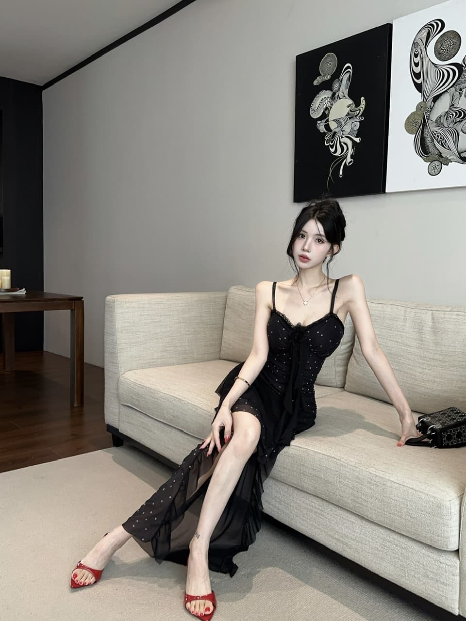 실사 섹시함 불규칙 망사 슬립 드레스 상세 이미지 19