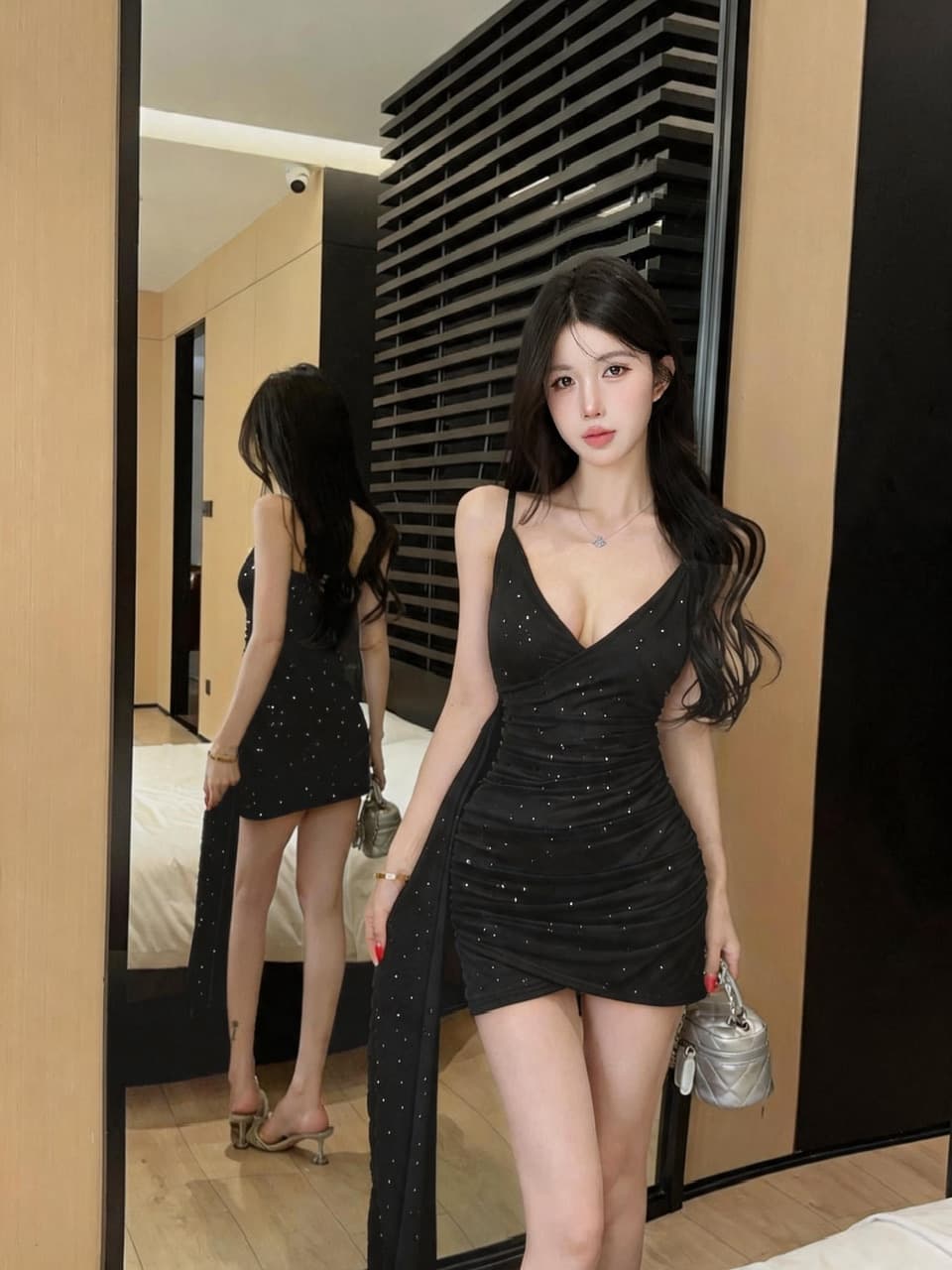 실사 섹시함 낮은 가슴 술 패치워크 망사 슬립 드레스 상세 이미지 11