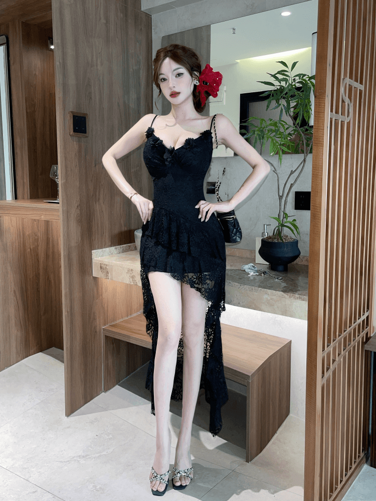 실사 섹시함 레이스 불규칙 롱 코트 슬립 드레스 복장 이미지 4