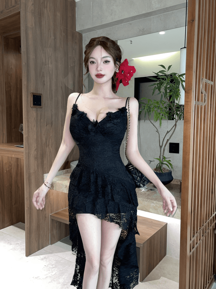 실사 섹시함 레이스 불규칙 롱 코트 슬립 드레스 복장 상세 이미지 4