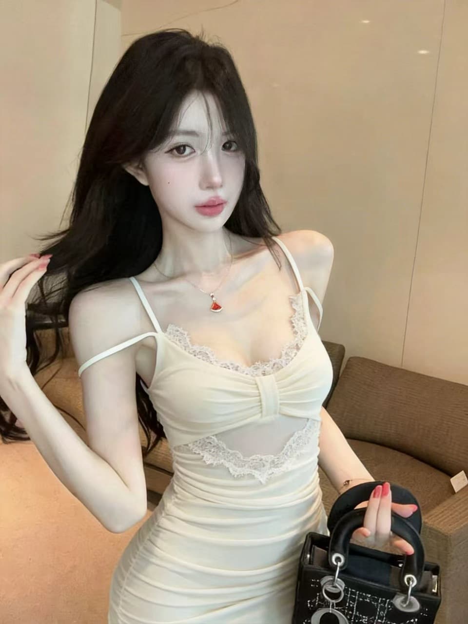 실사 섹시함 낮은 가슴 망사 타이트 스커트 드레스 복장 쇼트 스타일 상세 이미지 3
