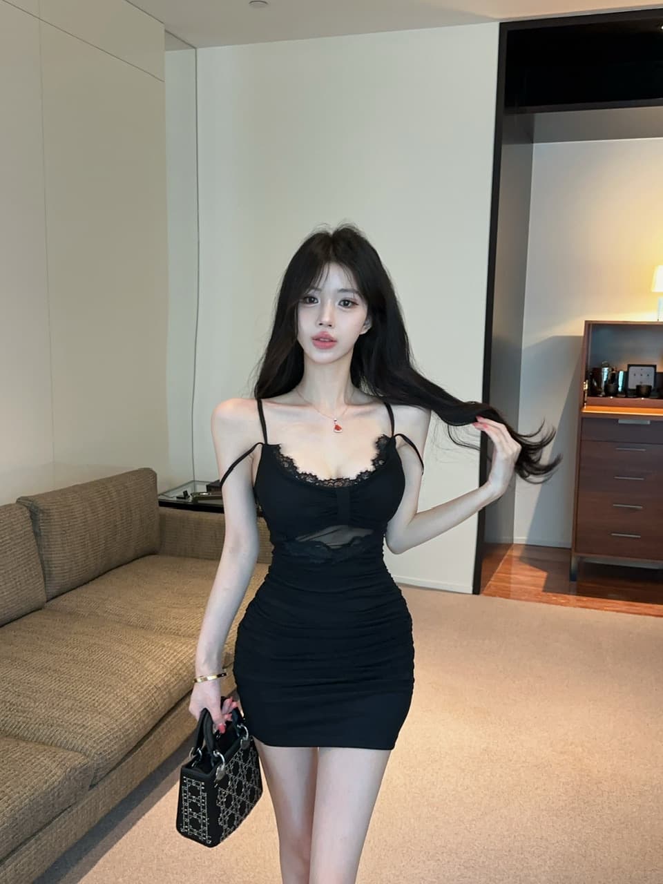 실사 섹시함 낮은 가슴 망사 타이트 스커트 드레스 복장 쇼트 스타일 상세 이미지 15