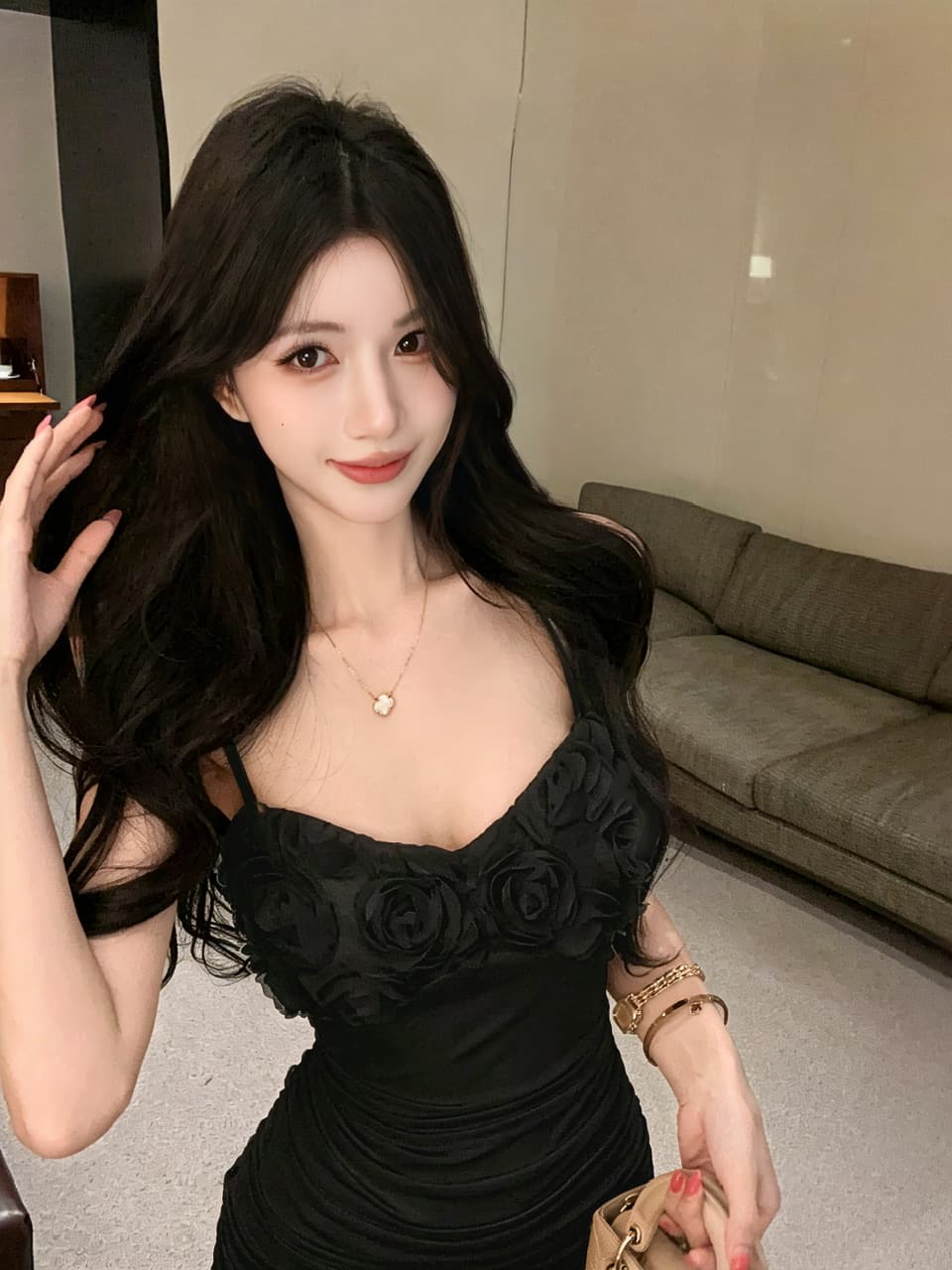 실사 섹시함 낮은 가슴 꽃 패치워크 망사 타이트 스커트 슬립 드레스 상세 이미지 6