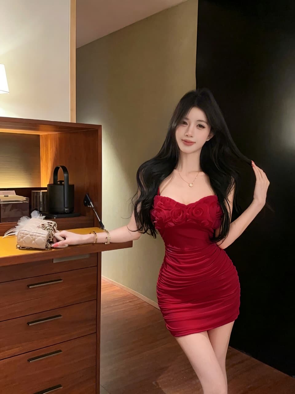 실사 섹시함 낮은 가슴 꽃 패치워크 망사 타이트 스커트 슬립 드레스 상세 이미지 10