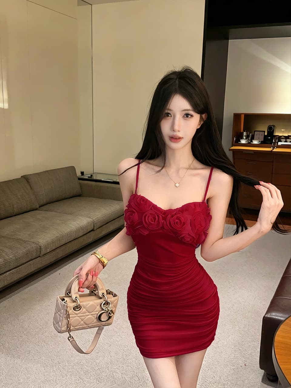 실사 섹시함 낮은 가슴 꽃 패치워크 망사 타이트 스커트 슬립 드레스 상세 이미지 11