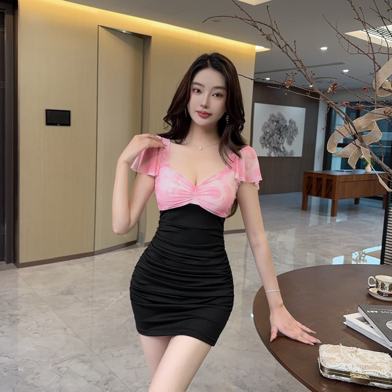 실사 섹시함 망사 프린트 배색 타이트 스커트 드레스 복장 상세 이미지 7
