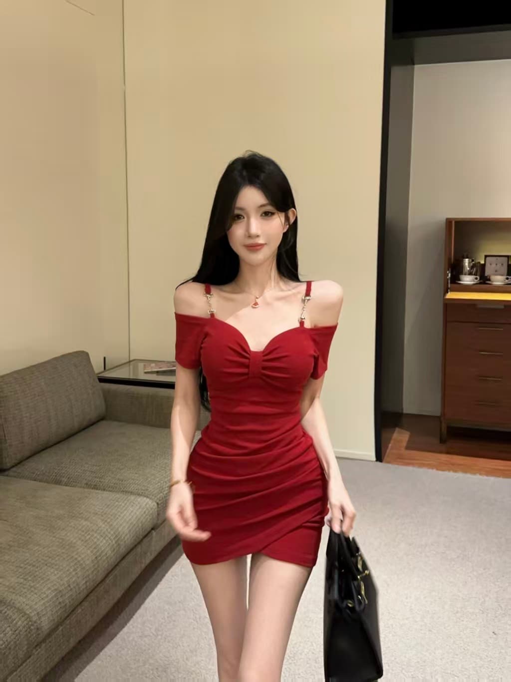 실사 섹시함 낮은 가슴 면 소재 타이트 스커트 만나는 쇼트 스타일 드레스 상세 이미지 7