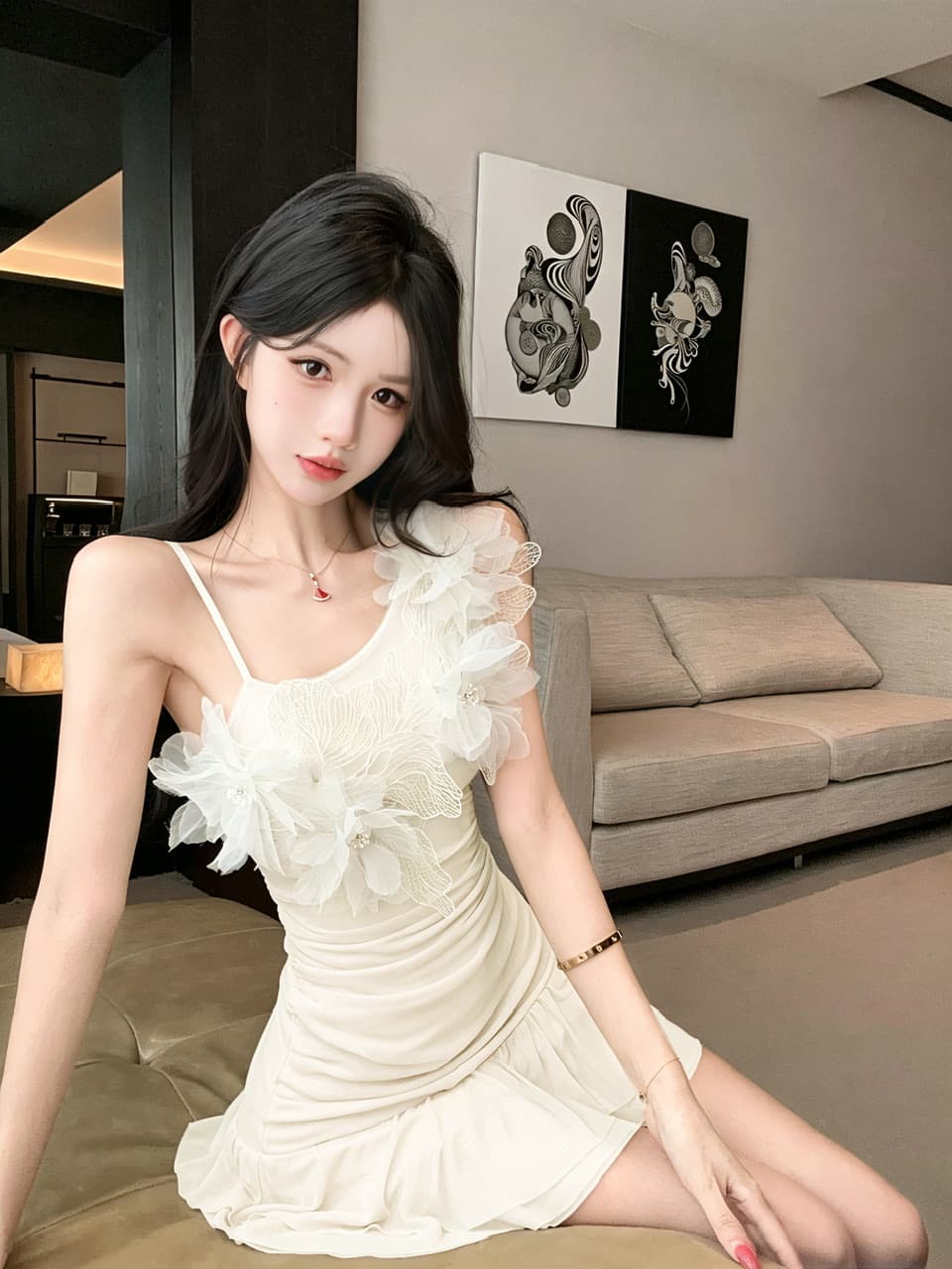 실사 섹시함 망사 꽃 패치워크 슬립 드레스 상세 이미지 2