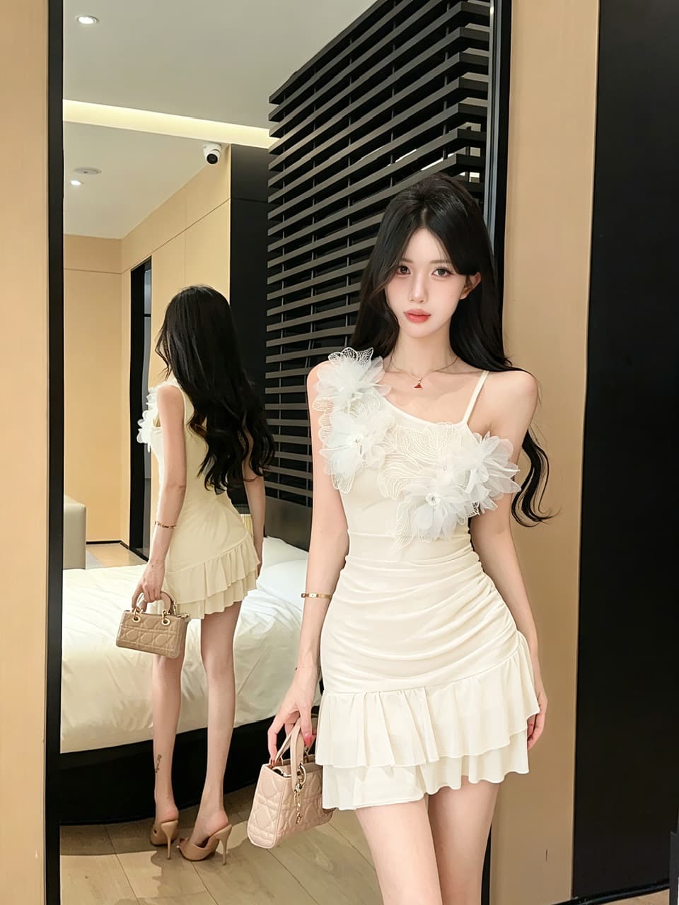 실사 섹시함 망사 꽃 패치워크 슬립 드레스 상세 이미지 3