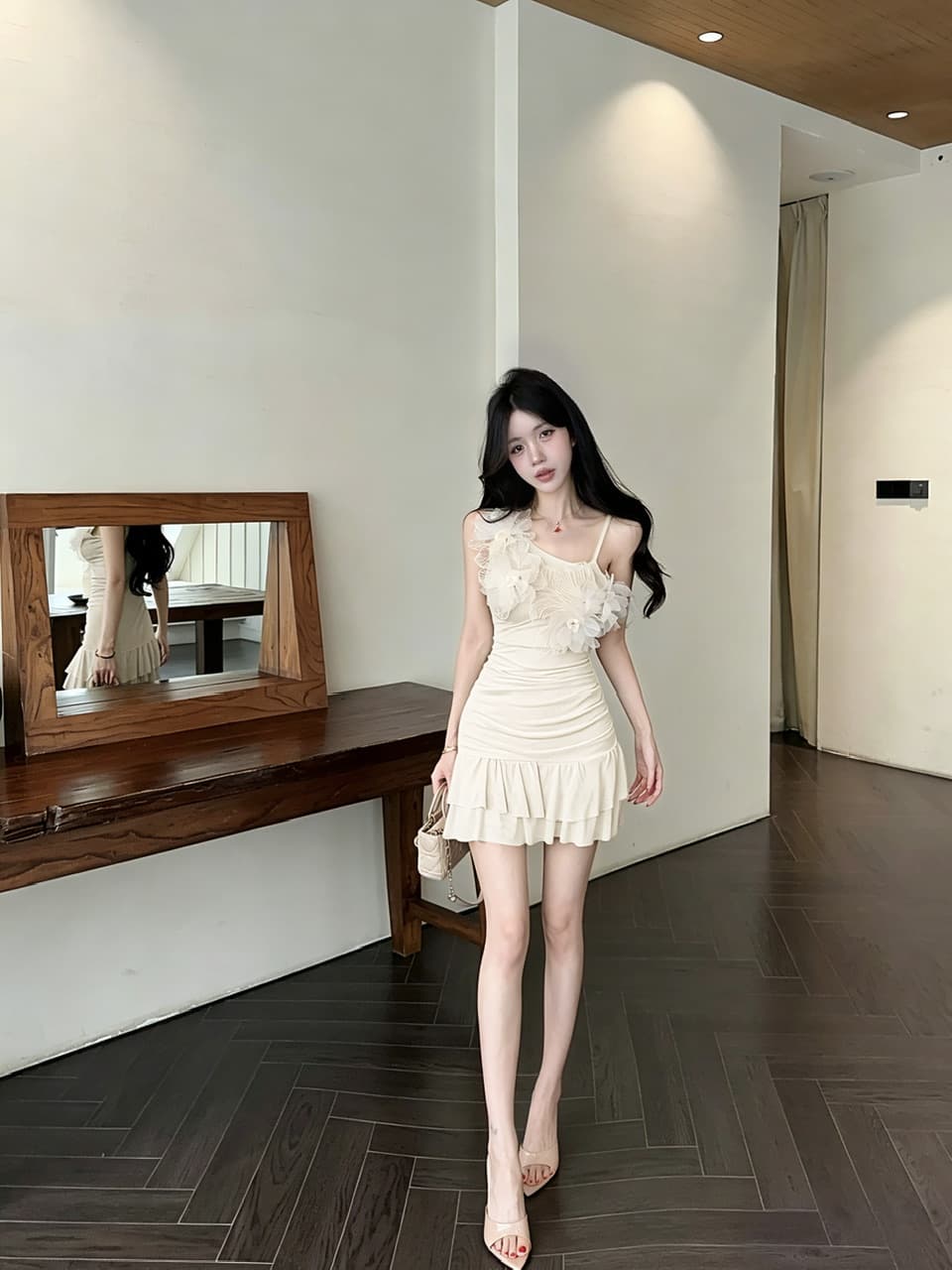 실사 섹시함 망사 꽃 패치워크 슬립 드레스 상세 이미지 5