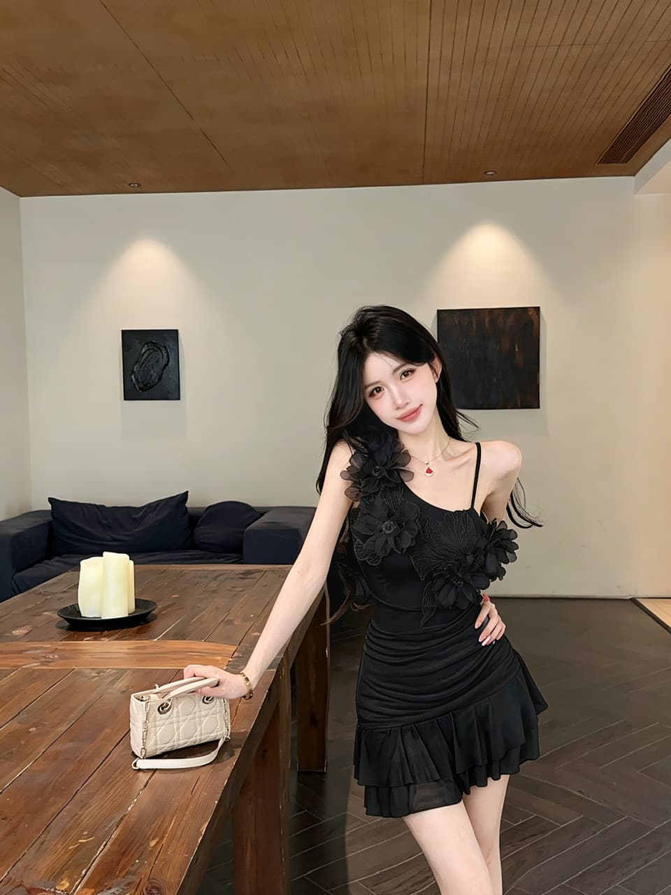 실사 섹시함 망사 꽃 패치워크 슬립 드레스 상세 이미지 6